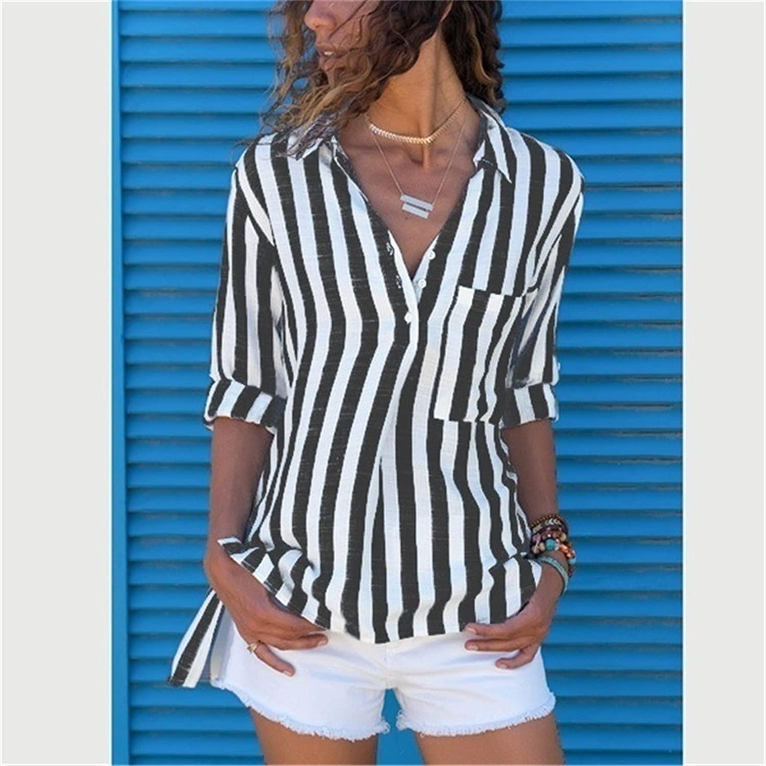 Andongnywell Women's Striped Printed Long Sleeves Casual Lapel Blouses Button Shirt Tops Pockets Shirt