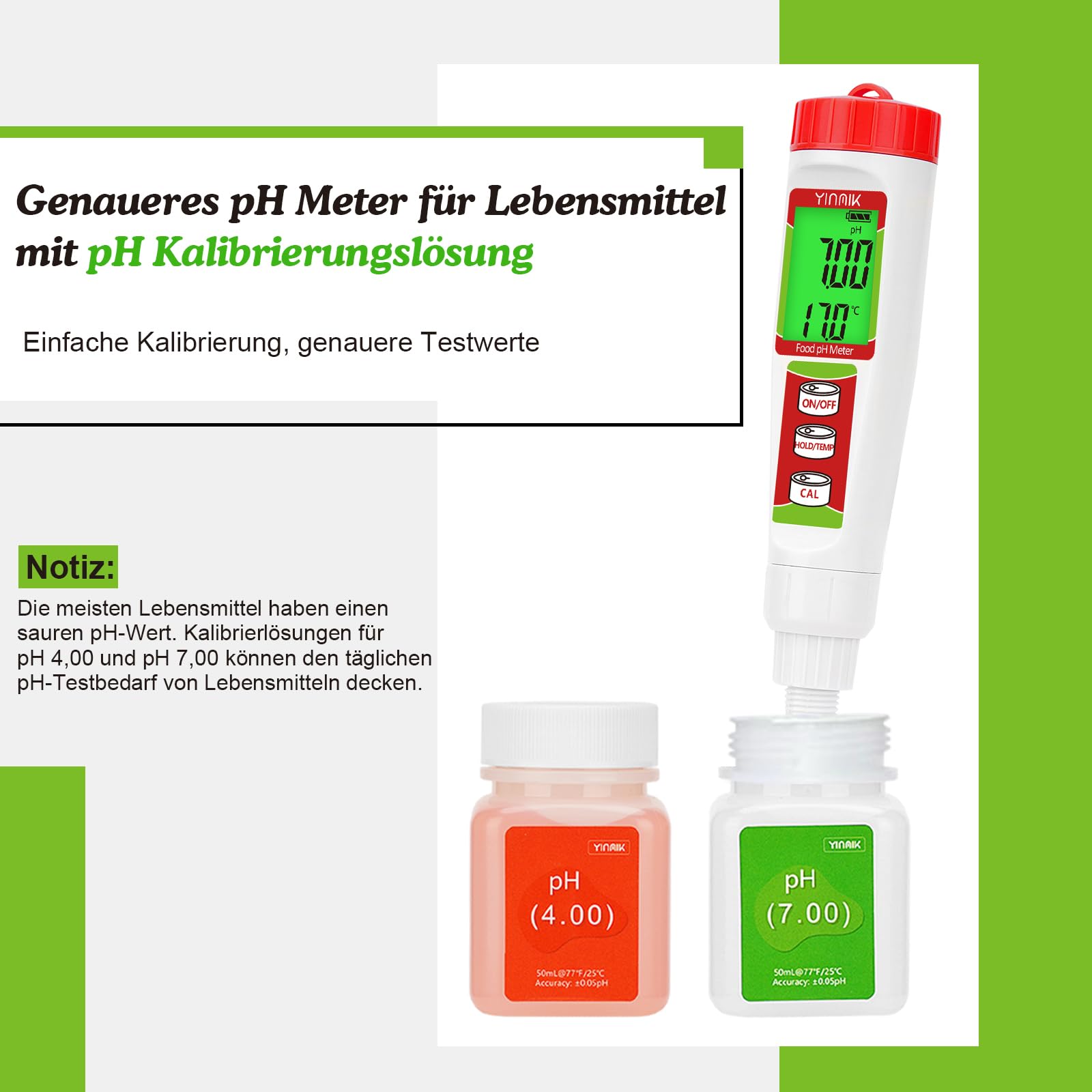 Digitales pH Messgerät, YINMIK pH Tester für Lebensmittel mit Kalibrierlösung, pH Wert für Fermentation, pH Lebensmitteltester für Teig, Sushi Reis, Kombucha, Seife, Käse,Fleisch, Pool und wasser
