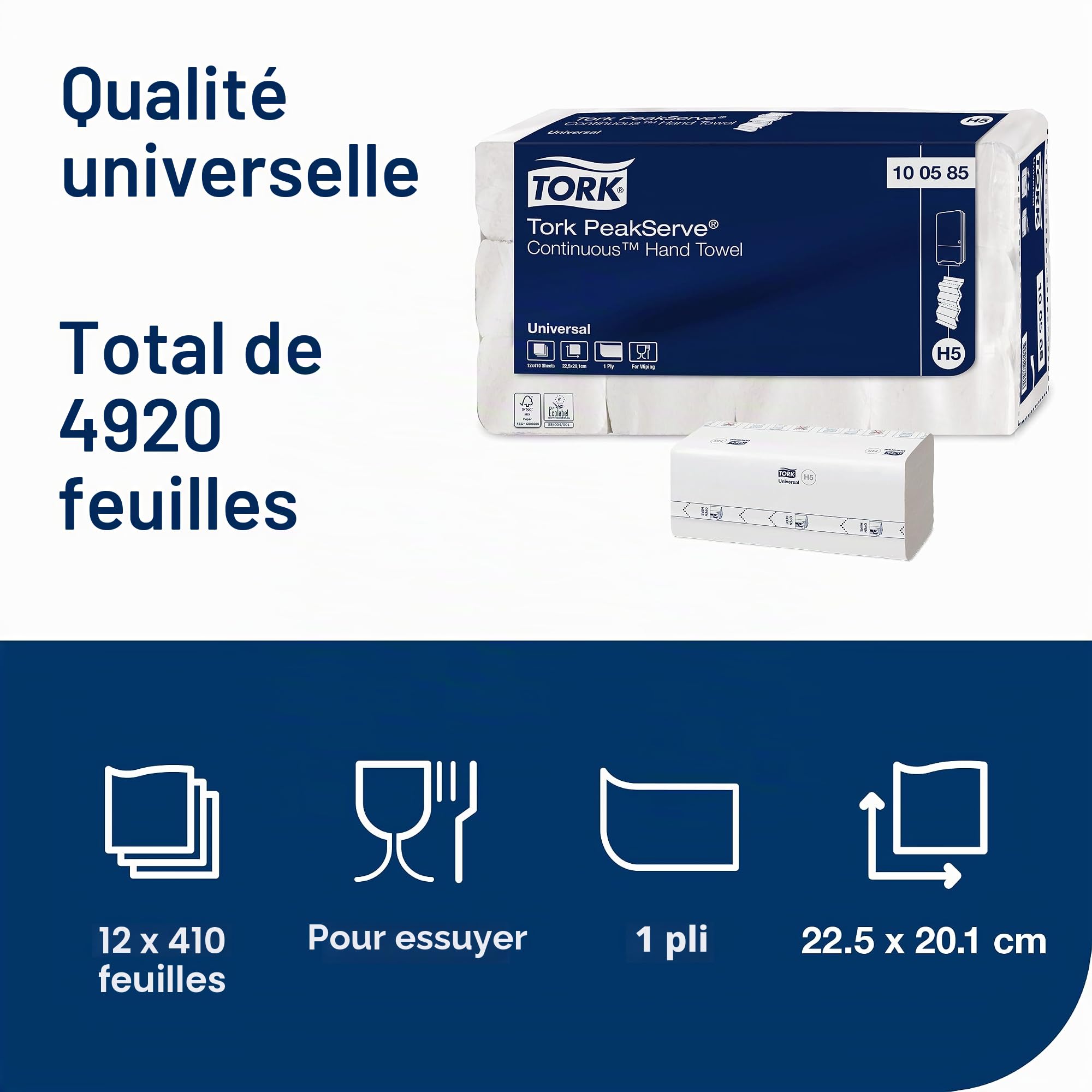 Tork PeakServe Essuie-mains continus blancs H5, Universal, comprimés, 12 x 410 feuilles, 100585, Grand