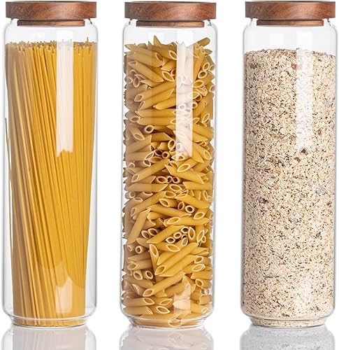 Kanwone Juego de 3 recipientes herméticos para almacenamiento de alimentos, recipientes de vidrio de 54 onzas con tapas de bambú, recipientes de