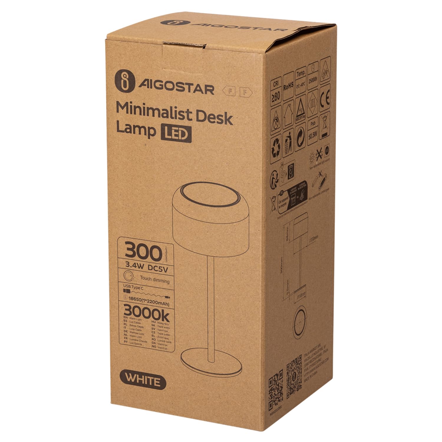 Aigostar Lámpara de Mesa Inalámbrica Recargable Solar y USB, Lámpara de Escritorio Táctil Regulable, Lámpara de Noche IP54 Impermeable para Interior y Exterior, Dormitorio, Restaurante - Blanco