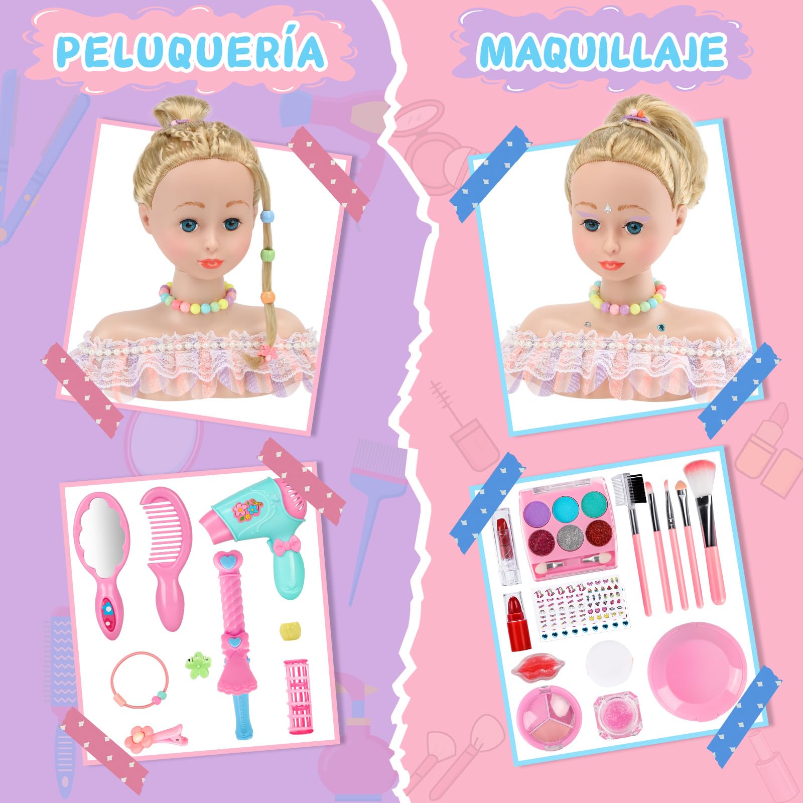 BuzzoXerex Cabeza Muñeca para Peinar y Maquillar, 58 Piezas Busto Muñeca Peinar y Maquillar, Cabeza de Peluquería para Niños, Cumpleaños para Niños a Partir de 3 Años (Rosa)