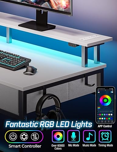 Miniatura 4 de Rolanstar Escritorio para computadora con tomas de corriente y luz LED, escritorio de oficina en casa de 47 pulgadas con cajones y estantes de