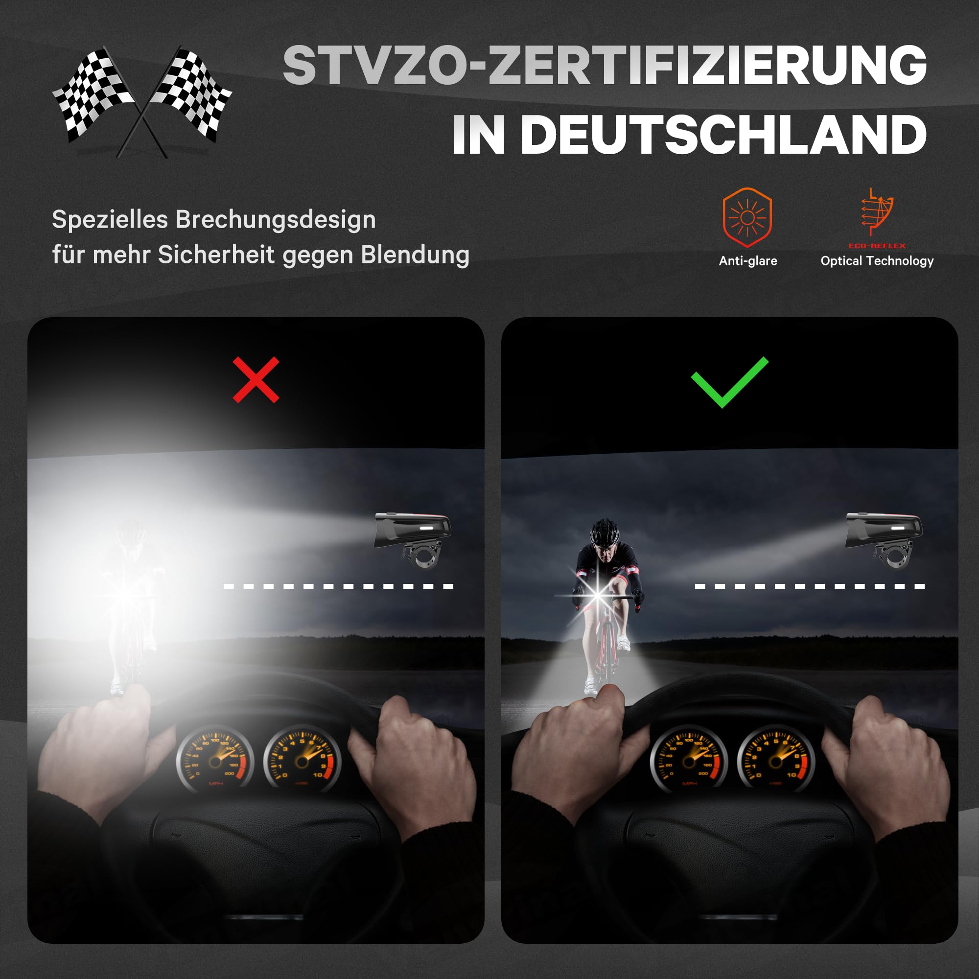 LED Fahrradlicht Vorne 100 LUX, Fahrradbeleuchtung stvzo zugelassen, Fahrradlampe USB Aufladbar mit Batterie Aufforderung schwach und 3 Leuchtmodi, IPX5 Blendfreies Design, Schwarz