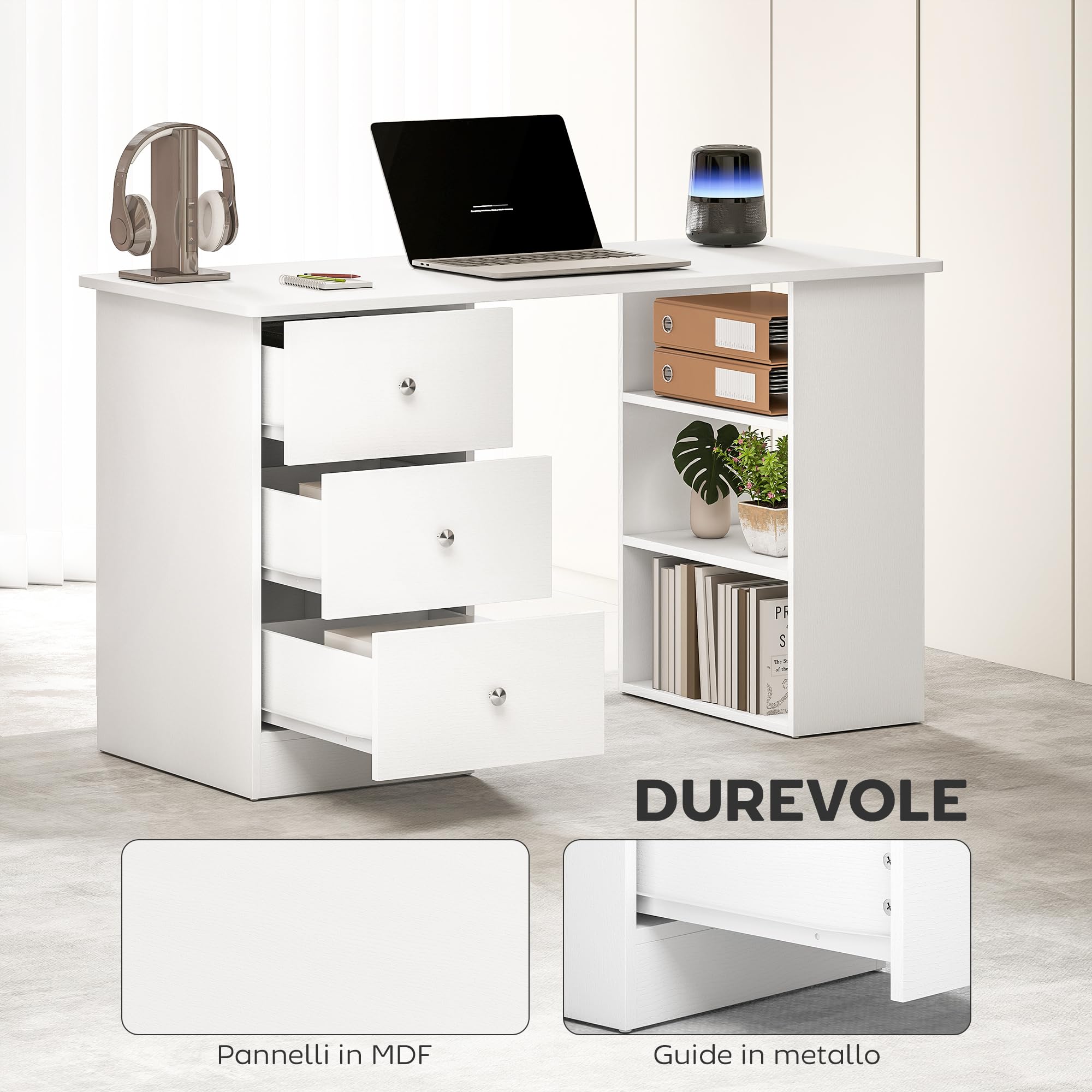 HOMCOM Scrivania Porta PC per Camera con Cassettiera 120x49x72cm Bianco | per Ufficio, Ripiani Portaoggetti, in Legno