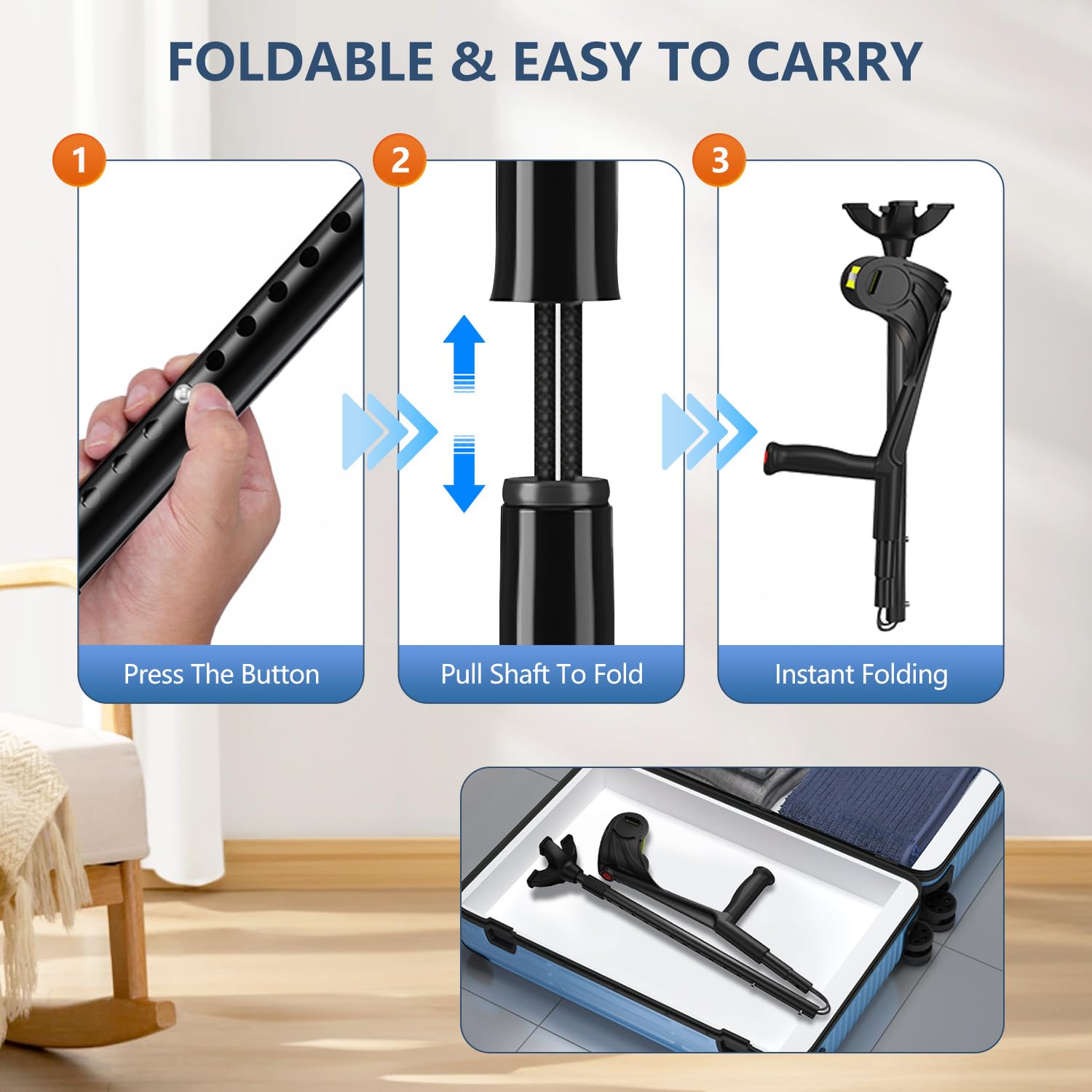 Muletas de antebrazo para adultos, muletas de brazo de aluminio resistente, muletas ajustables con mango ergonómico TPR, muleta de antebrazo de punta cuádruple y única para personas mayores, movilidad