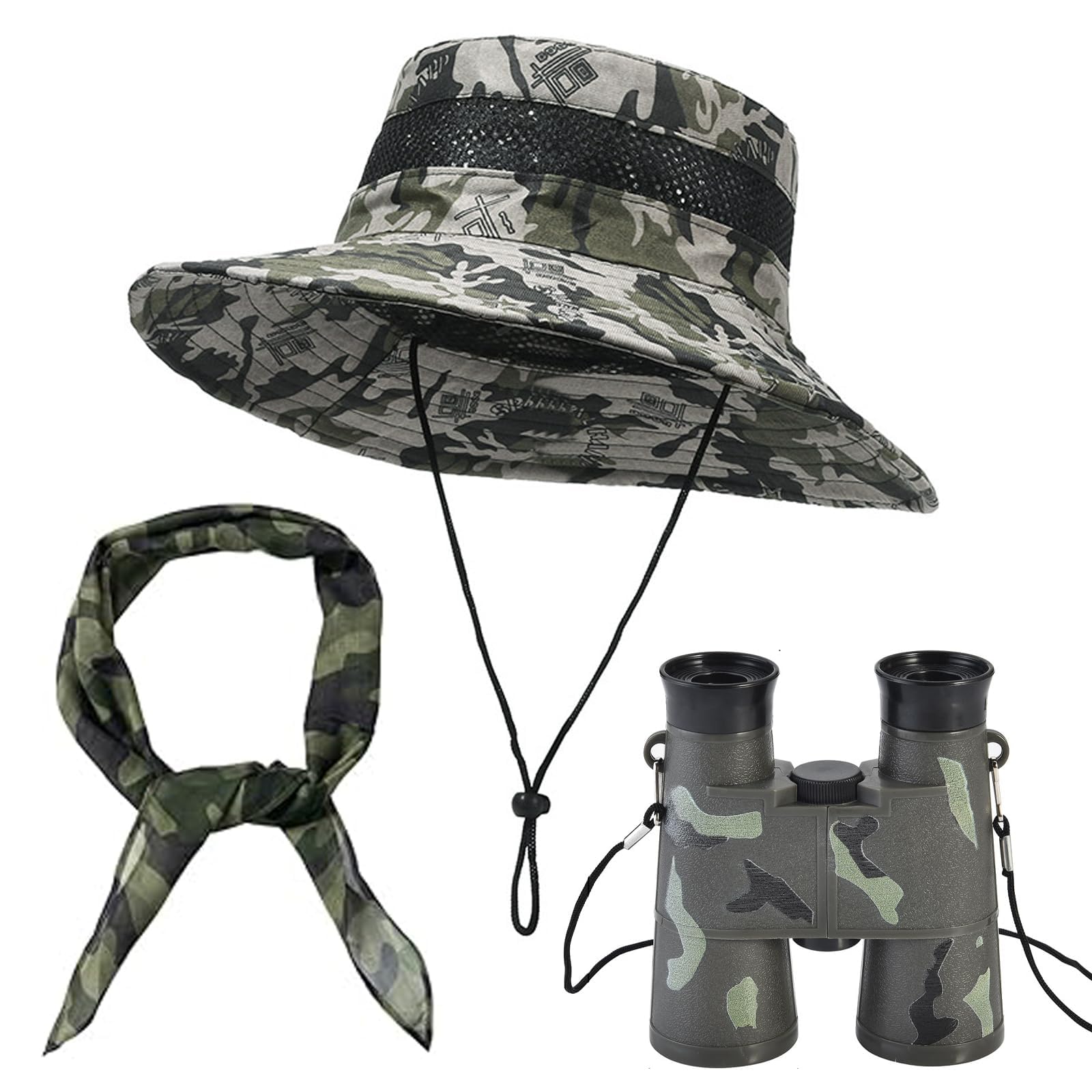 DXPETA 3-Piece Hat and Explorer Costume Set, with Camouflage Design, Ideal for Costume Parties and Outdoor Adventures, Includes Military Green scarf and Binoculars for Enhanced Role Play Experience