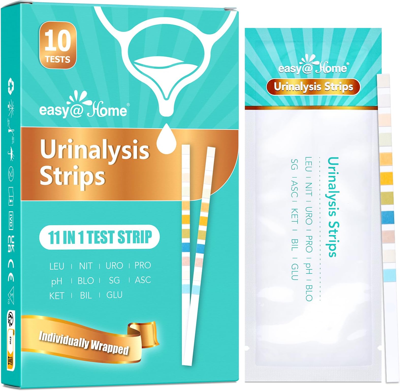 Easy@Home 11-Parameter Urine Test Strips – for UTI Detection, Includes Ketone, Glucose, Blood, pH, Leucocytes, Nitrite, Urobilinogen, Protein, Specific Gravity, Ascorbic Acid, and Bilirubin (10 UTI)