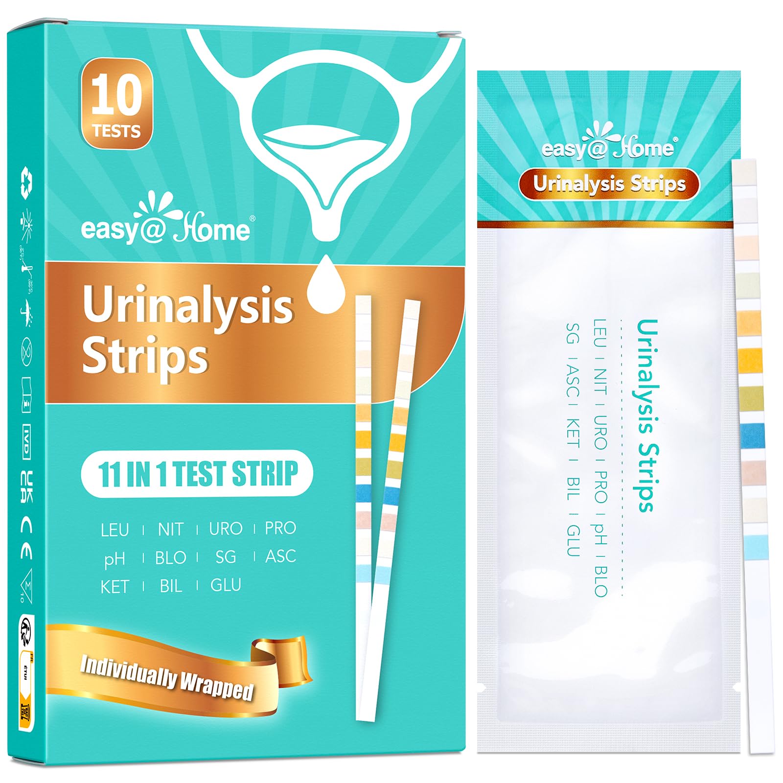 Easy@Home 11-Parameter Urine Test Strips – for UTI Detection, Includes Ketone, Glucose, Blood, pH, Leucocytes, Nitrite, Urobilinogen, Protein, Specific Gravity, Ascorbic Acid, and Bilirubin (10 UTI)