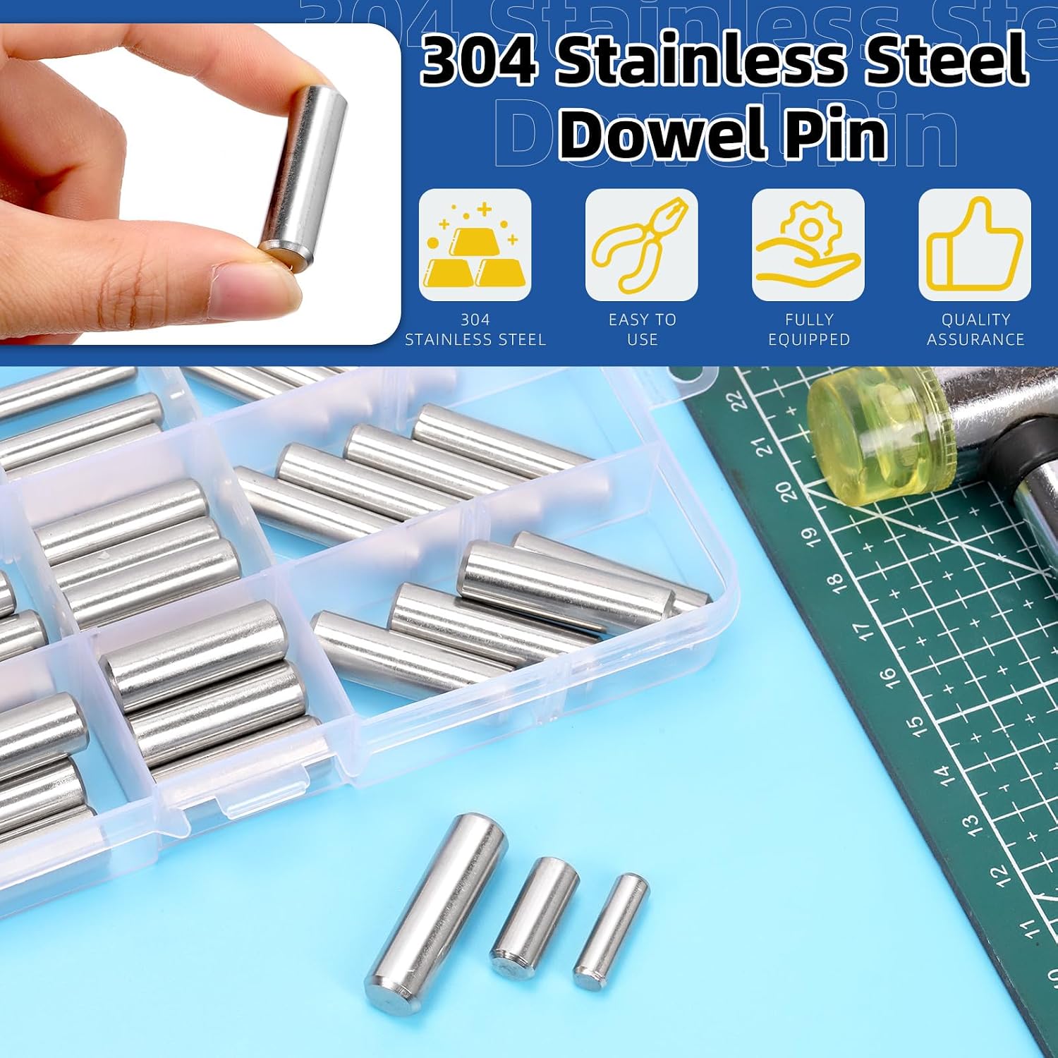 Glarks 60pcs 6/8/10mm Dowel Pins Kit, 12 Sizes 304 Stainless Steel Cylindrical Shelf Support Peg Pin Fasten Elements, Wood Bunk Bed Dowel Pins Shelf Pegs for Cabinet and Furniture Installation