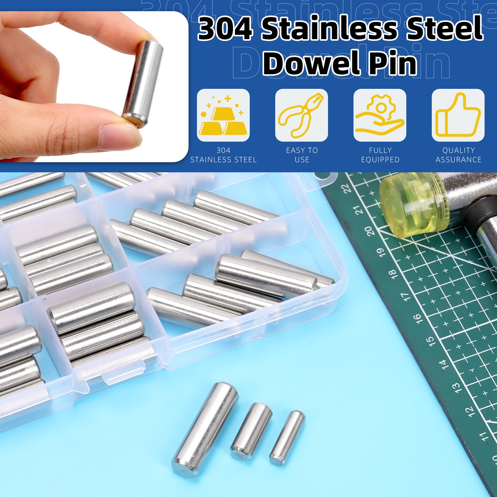 Glarks 60pcs 6/8/10mm Dowel Pins Kit, 12 Sizes 304 Stainless Steel Cylindrical Shelf Support Peg Pin Fasten Elements - Image 3