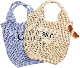 Personalized Raffia Beach Tote Bag, Custom Straw Beach Bags with Name Monogram Initials Woven Shoulder Purse Handbag Summer Travel Bag for Women Bachelorette Party Bridesmaids Gift