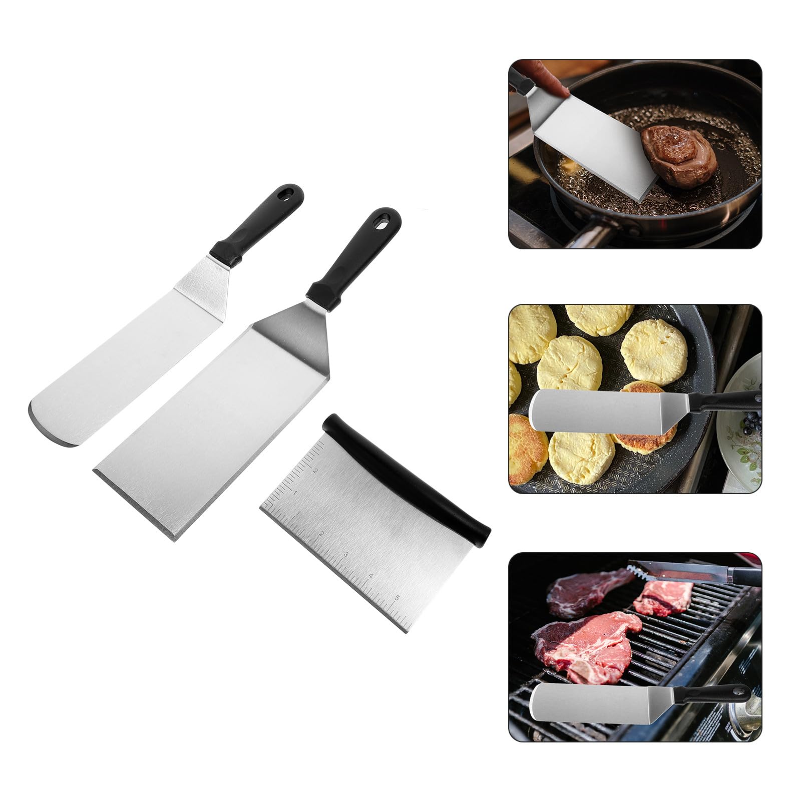 Lurrose Spatole da Cucina per Friggere e Mescolare, Utensili Resistenti Manico in Plastica Pp in Acciaio Inossidabile Set 3 Pezzi per Barbecue e Uso Quotidiano