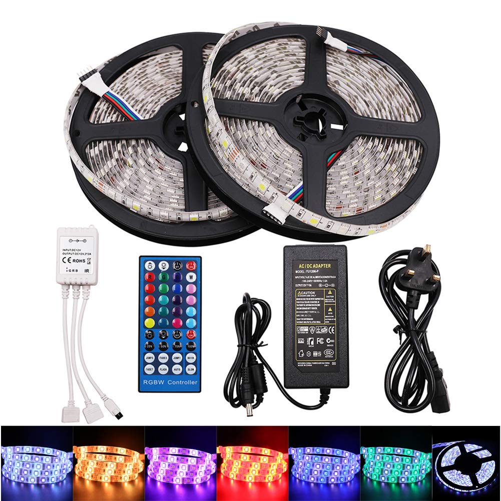 Gql Rgbw (Rgb+White) 10M 12V 5050 Rgbw Led Strip Light Kit With 40-Key Ir Remote Control, Ip65 Waterproof (Rgb+Cold White)