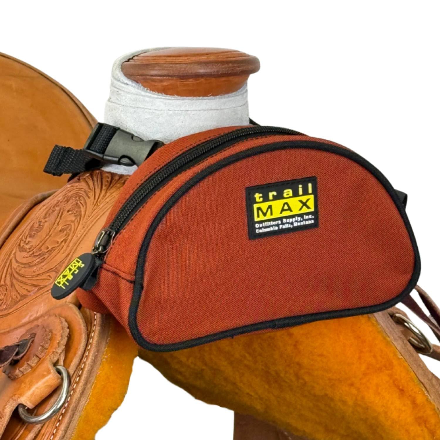 TrailMax Original Saddle Bag for Western and Endurance Saddles; Mobile Phone Saddle Horn Bag; Saddle Horn Bag for Horses; Trail Riding Mobile Phone Pom Bag, Rust with black piping, 20,3 x 8,9 x 6,3 cm
