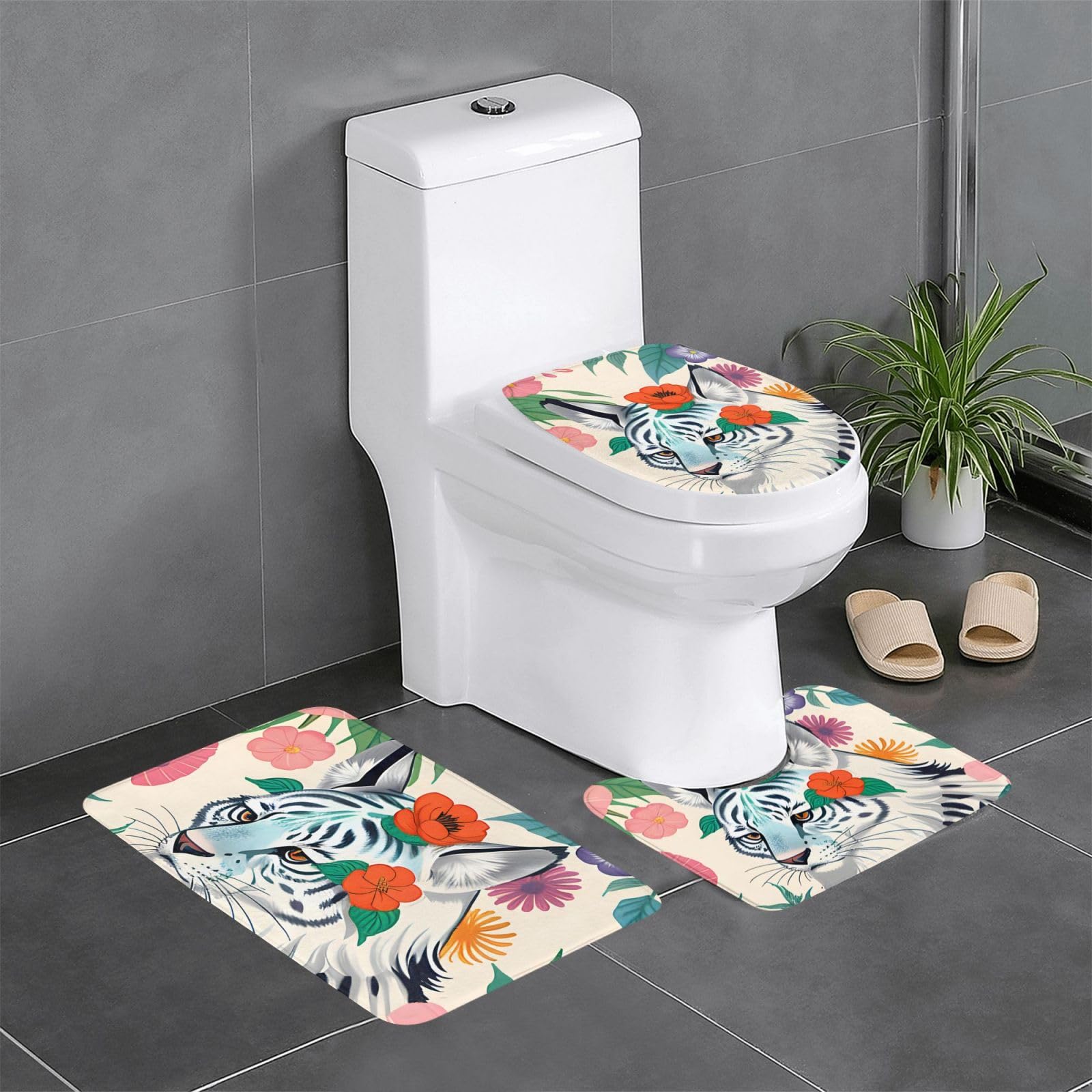 Tapis de salle de bain antidérapant lot de 3 tigre blanc sécurité et confort