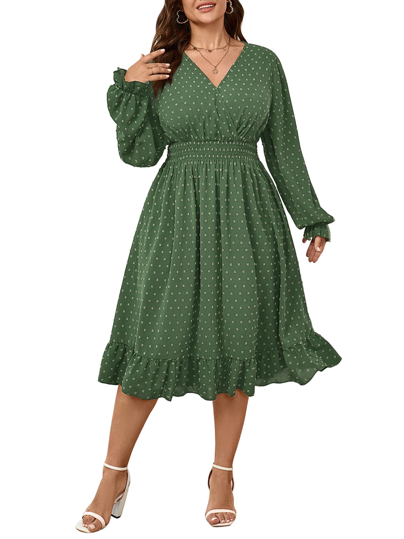 Women's Plus Size Fall Dress Long Sleeve V Neck Smocked Swiss Dot Flowy High Waisted A Line Ruffle Midi Dress