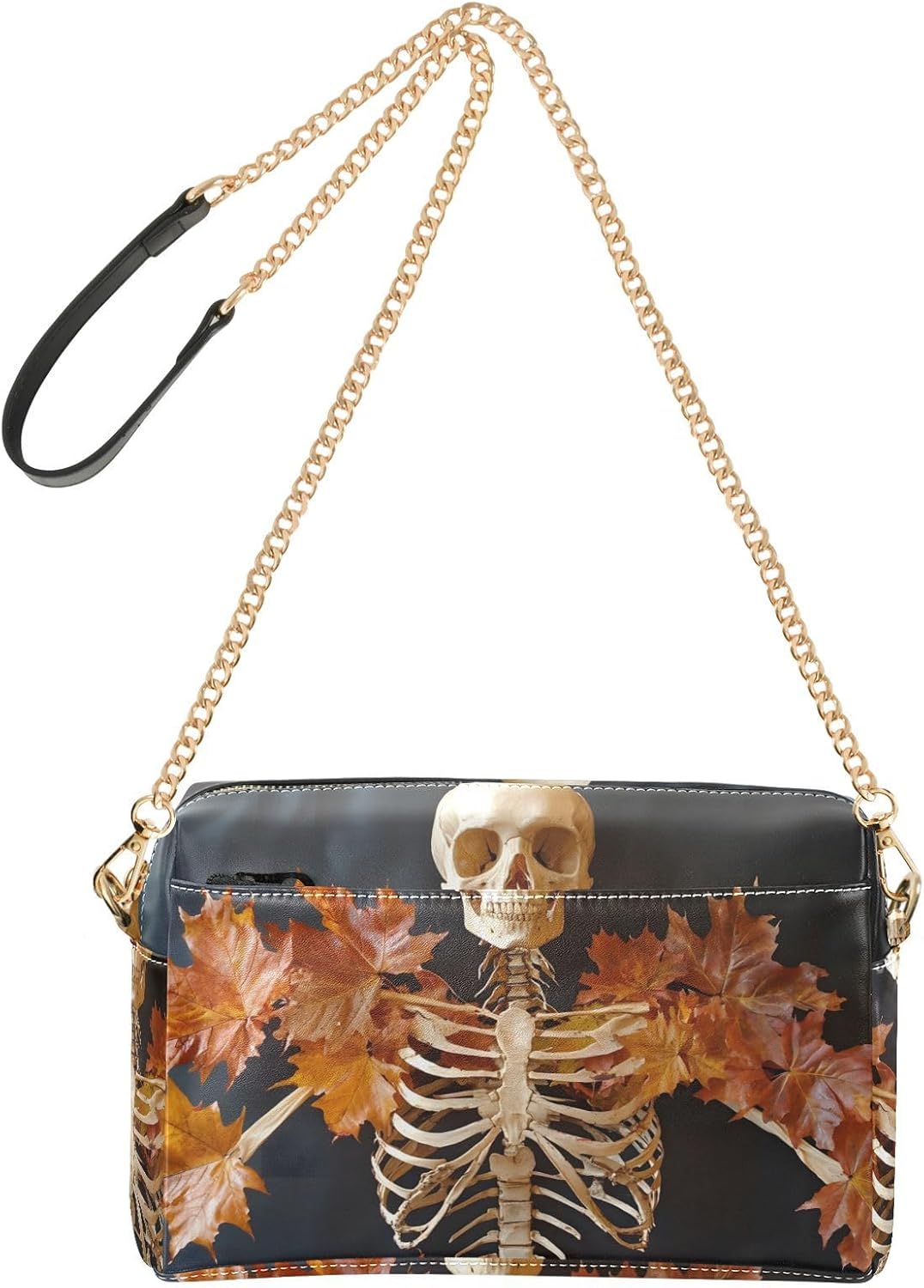 Maple Skull Women's PU Leather Crossbody Bag Shoulder Handbag Cellphone Purse with Metal Chain Strap Water Resistant Zipper Closure
