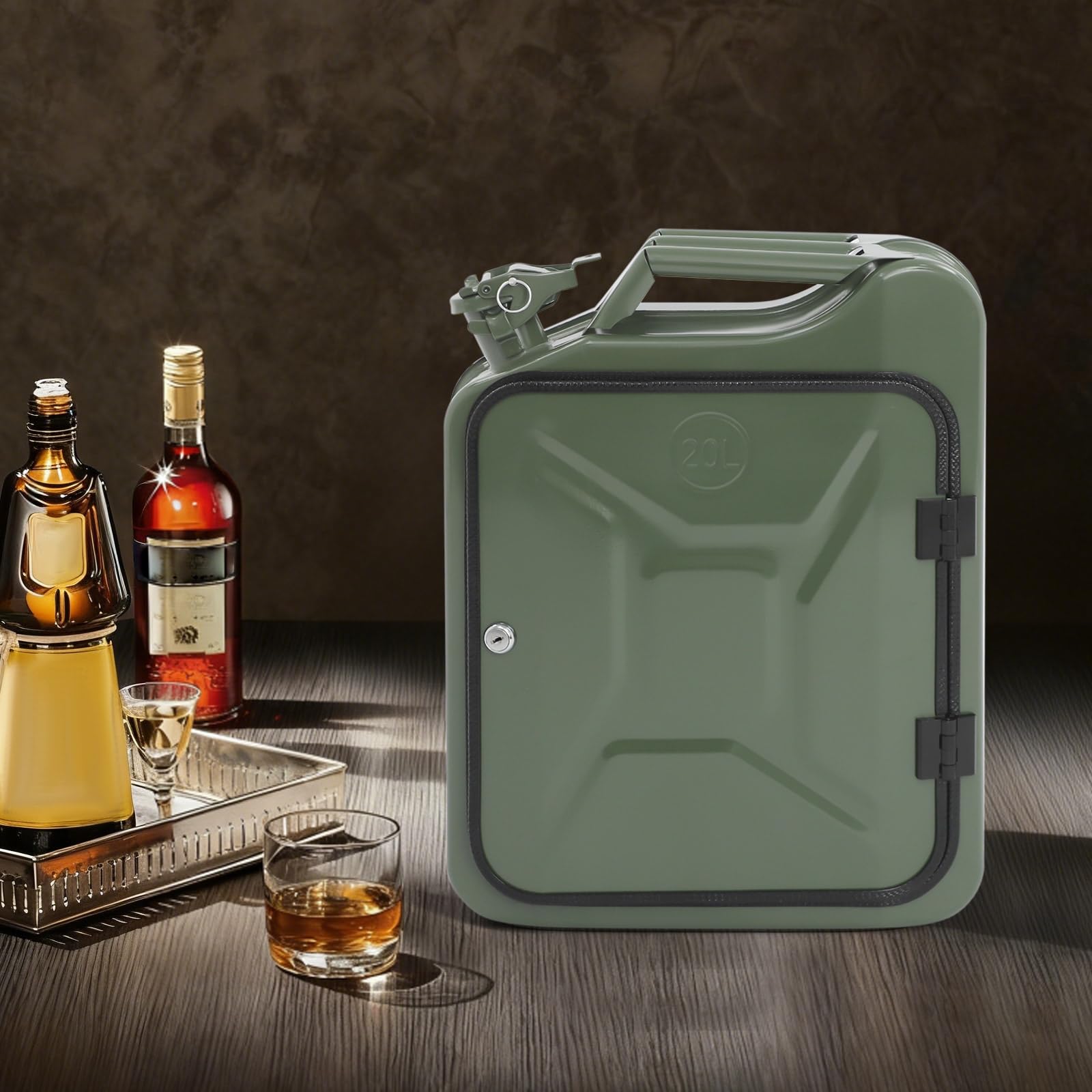 Bidon en métal, mini bar verrouillable avec compartiments en bois, cadeau pour homme, bar mobile, 35 x 15,5 x 47 cm