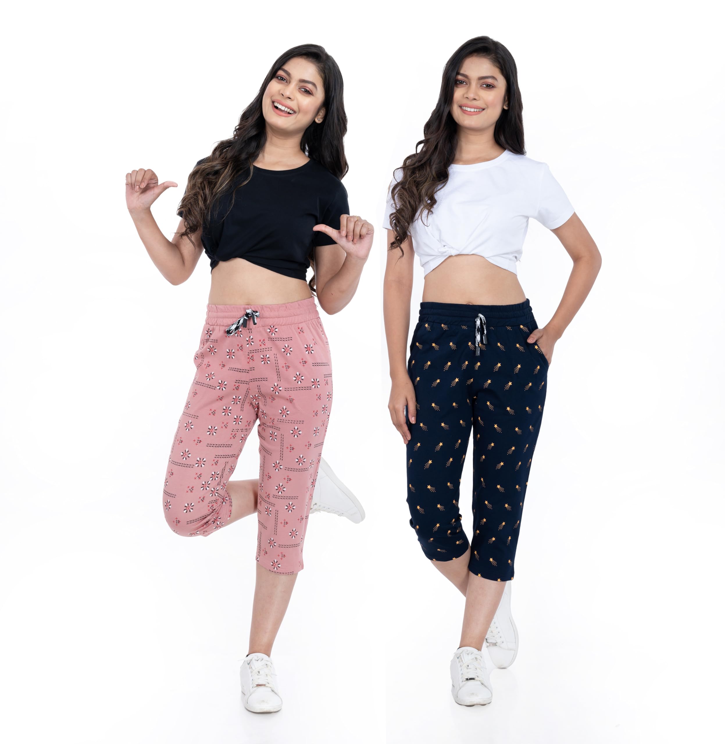 STYLEAONEBy 3/4 Comfortable Activewear Lounge Sports with Two Side Pockets and Comfortable Elasticated Waistband and Drawstring for Women Capri (Pack of 2) (XL, MULTICOLOR & DARK BLUE, BEIGE)