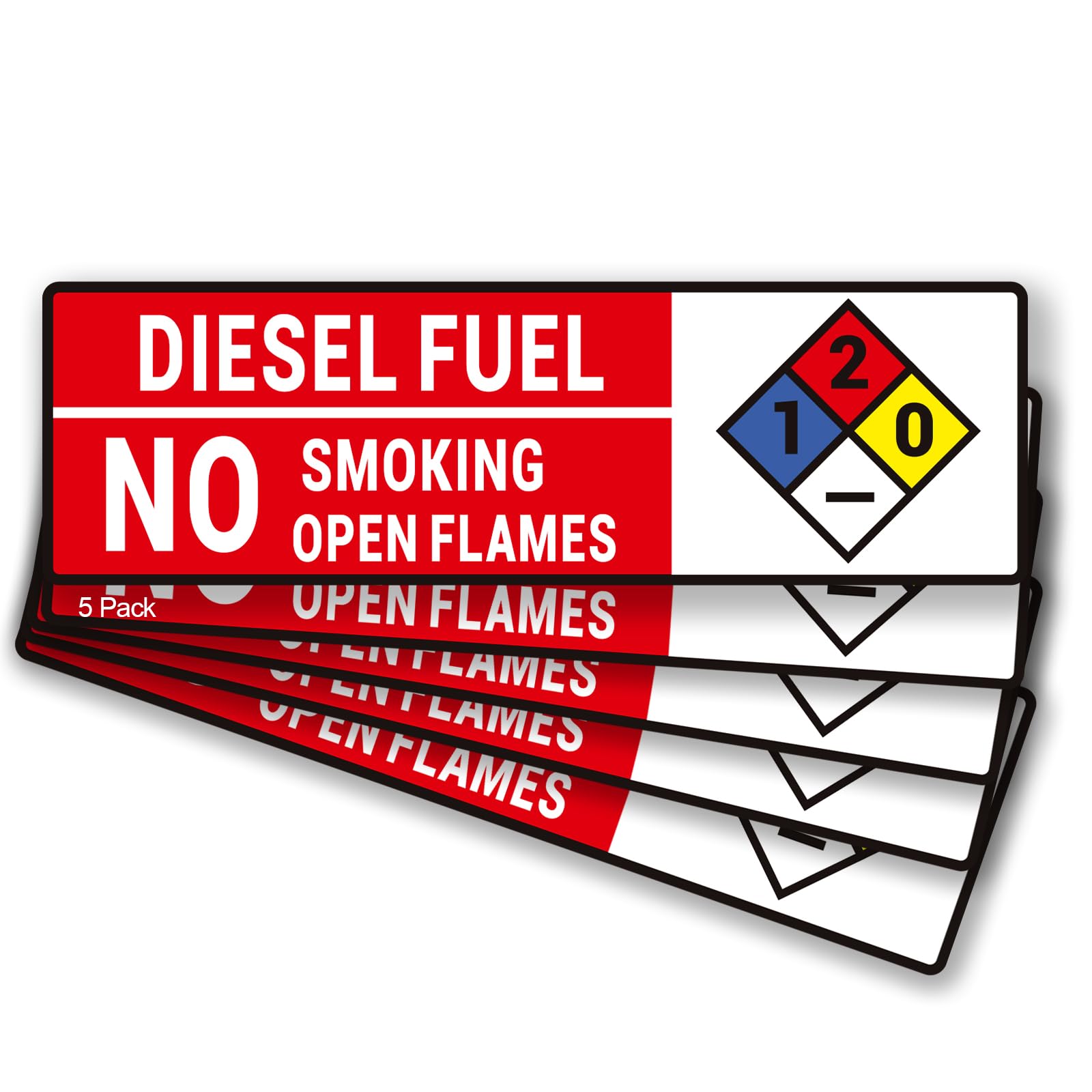 RAMIEYOO Diesel Fuel No Smoking No Open Flames Sign,5 Pack Adhesive Vinyl Safety Warning Sign with NFPA Symbol -10x3 inches