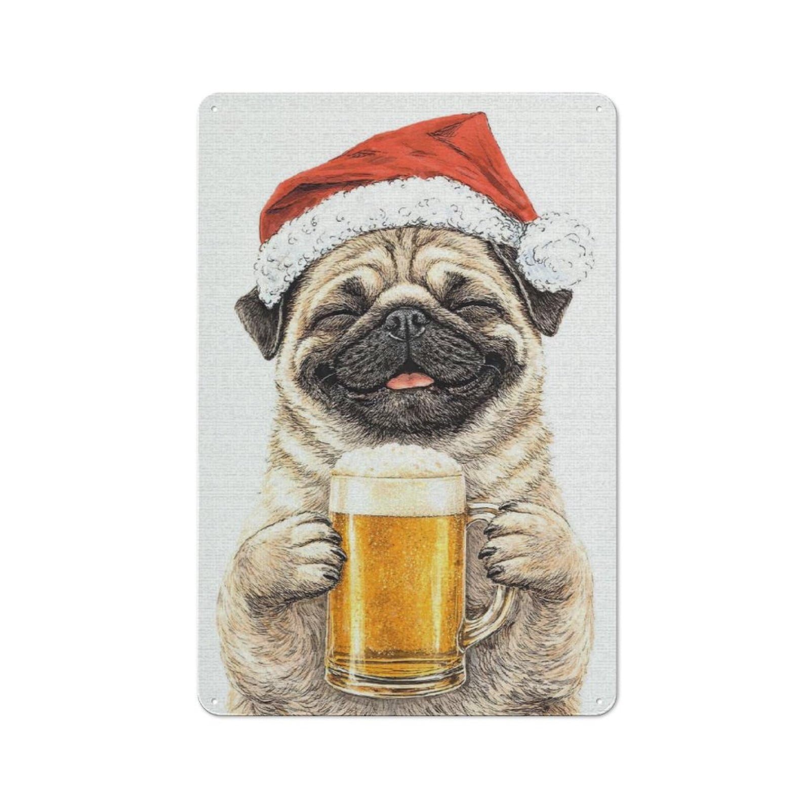 Junmoney Style Vintage Metal Sign 30X20cm Featuring Happy Pug In Santa Hat With Beer For Pub Or Café, Wall Decor For People Reorganising Pub And Café