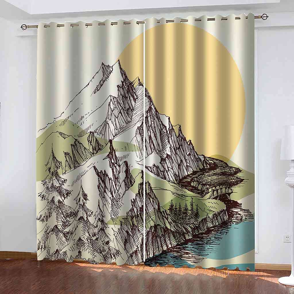 Rideau occultant thermique salon motif lac abstrait moderne