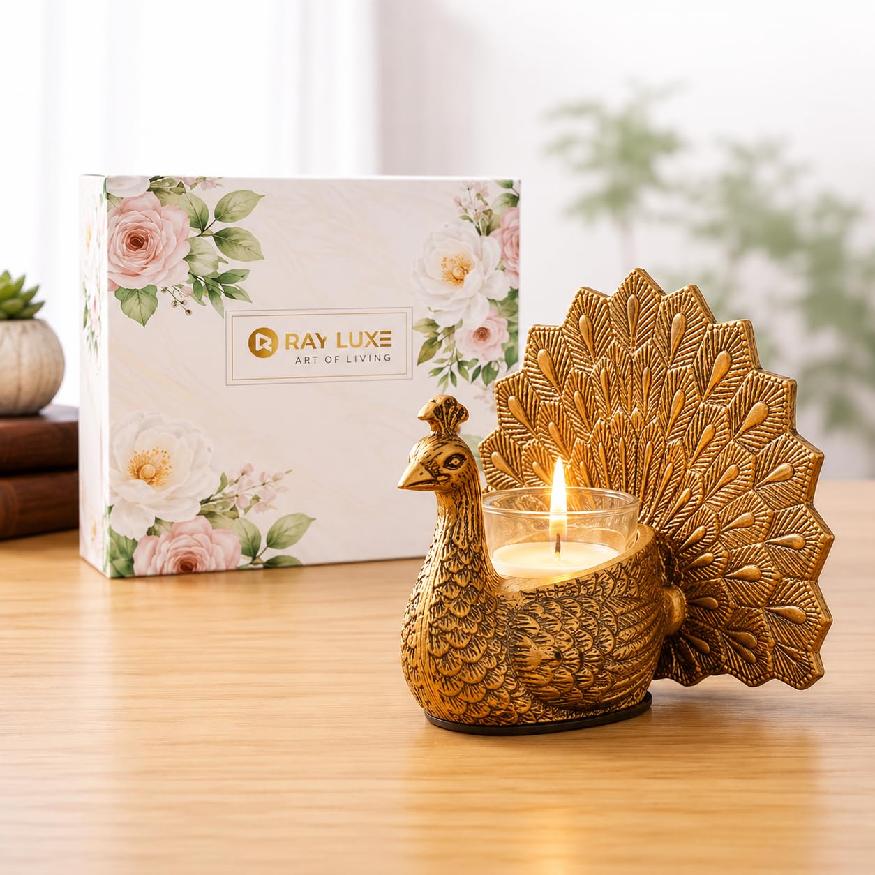 Gold Metal Peacock Candle Holder Gift Set with Scented Votive Candle & Premium Gift Box | House Warming Gifts New Home | Wedding Gifts for Marriage Couple | Home Decor Gift for Women-image-15