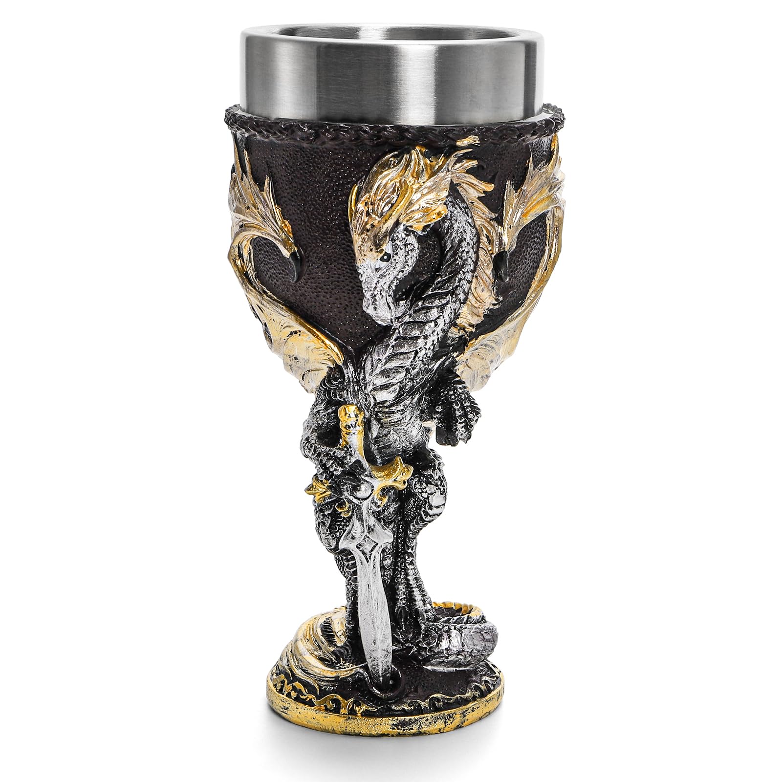 Jucoan Medieval Flame Dragon Wine Goblet, 6oz Stainless Steel Resin Wine Cup Fantasy Medieval Chalice Gift for Men, Father’s Day, Themed Party