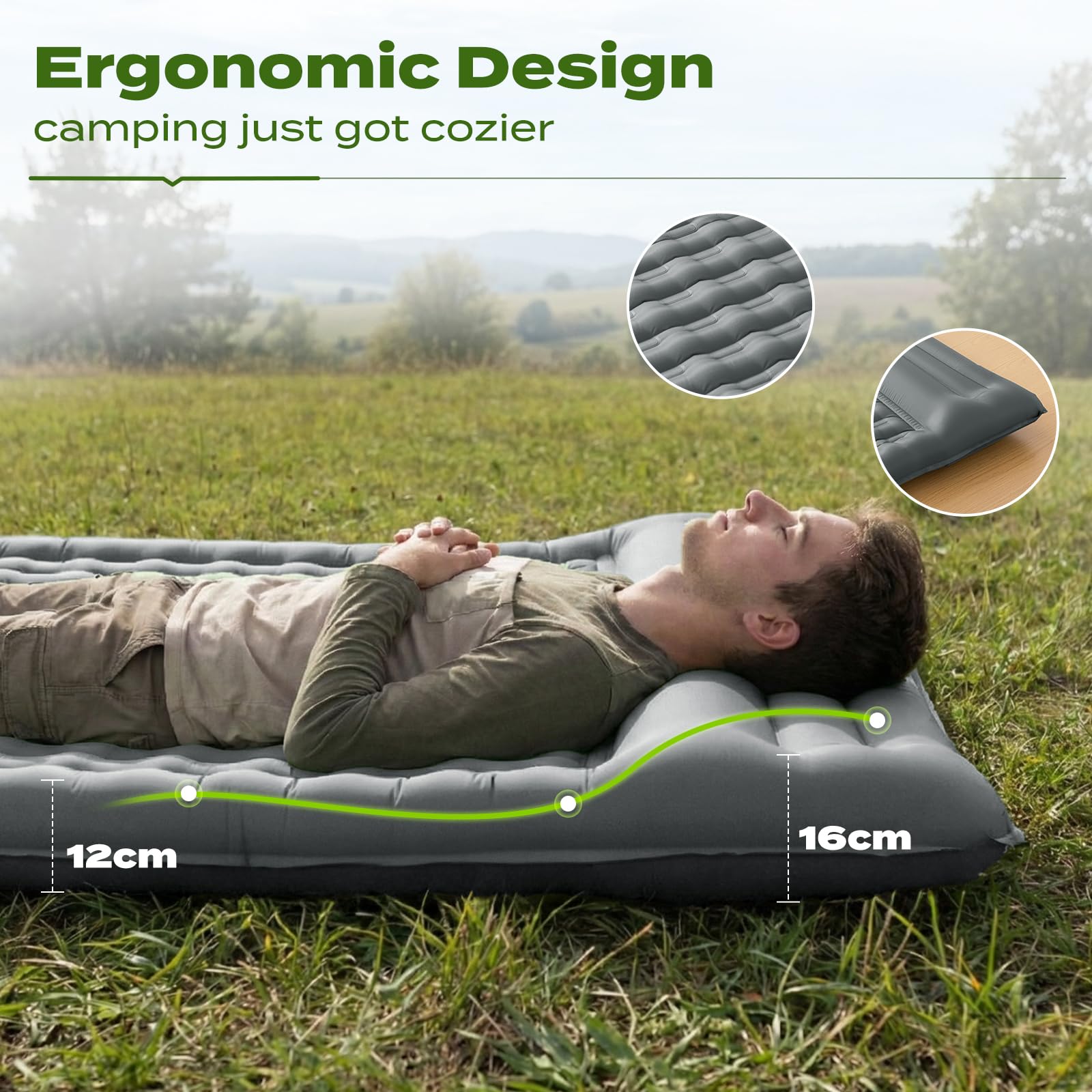 Materassino da Campeggio per Due con Pompa a Pedale, Autogonfiabile Materasso Gonfiabile XXL, Gonfiabile doppio con Cuscino, Grigio, 196x135x12cm Oversized (Motivo a quadri)