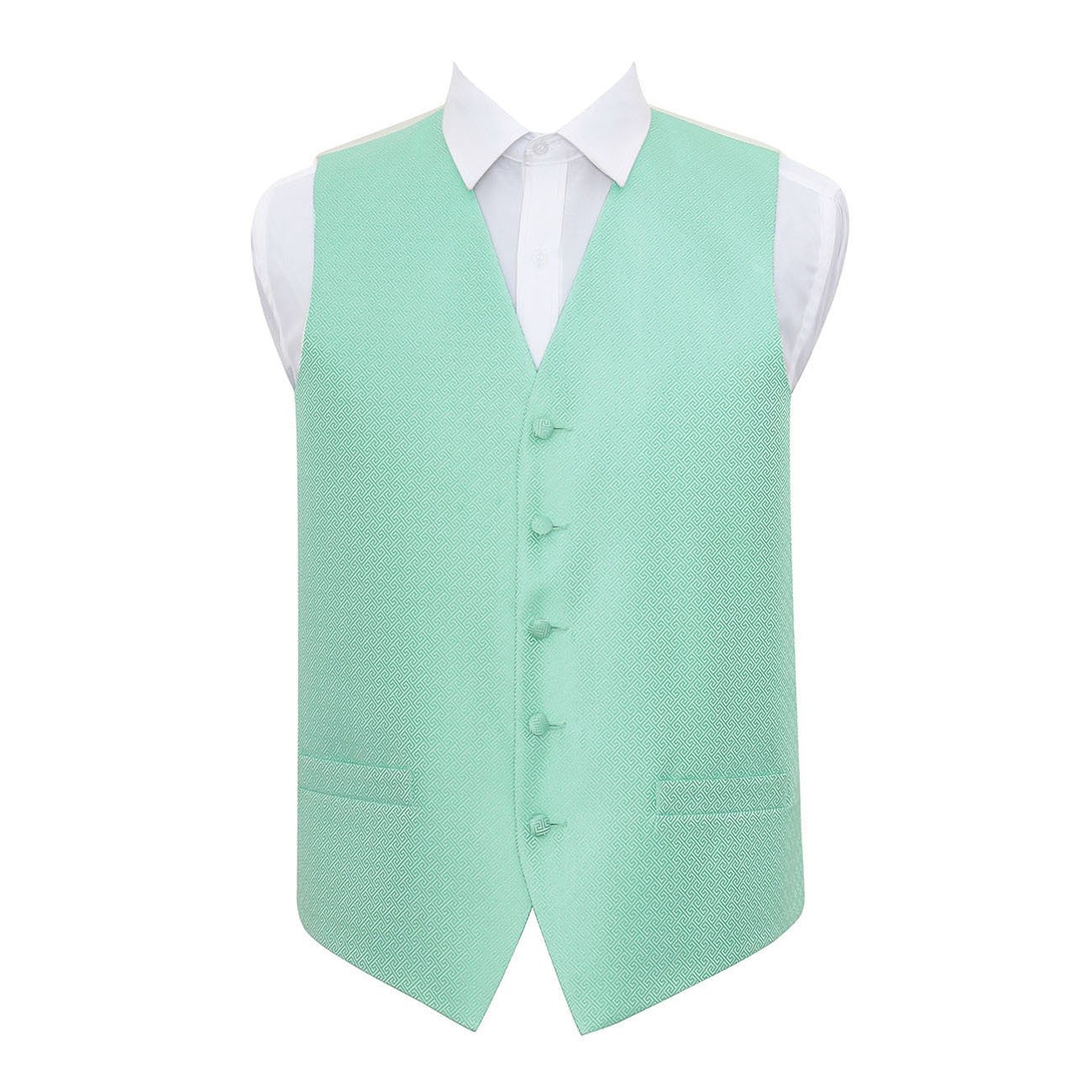 DQT Mens Greek Key Patterned Jacquard Waistcoat – Wedding Business & Formal Suit Vest - Mint Green 40" (L)