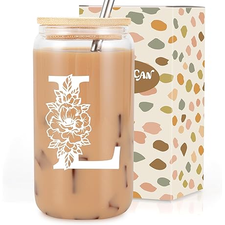 Monogrammed Iced Coffee Glass Cup w/ Lid and Straw