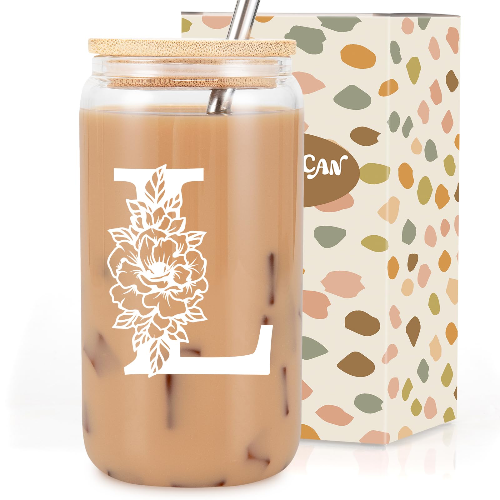 Coolife Initial Glass Cup, Monogrammed Gifts for Women, 16 oz Glass Cups w/Lids Straws, Iced Coffee Smoothie Beer Tumbler w/Straw Lid - Personalized Christmas, Birthday Gifts for Her Mom Friend Woman