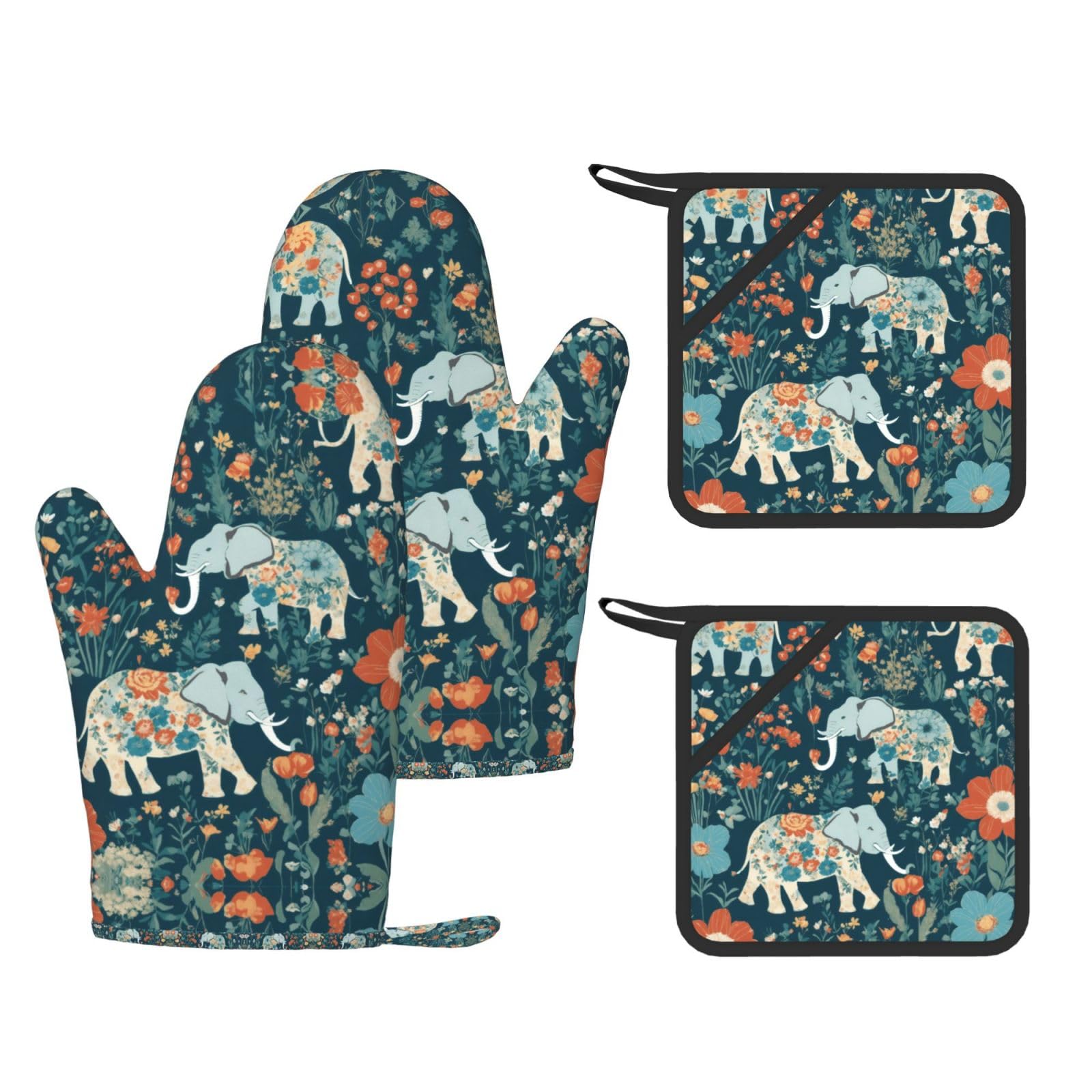 Gorgeous Meadows Pattern with Floral Elephant in Printed Pot Holders and Oven Mitts 4-Piece, Non-Slip Kitchen Gloves with Utensil Pocket for BBQ