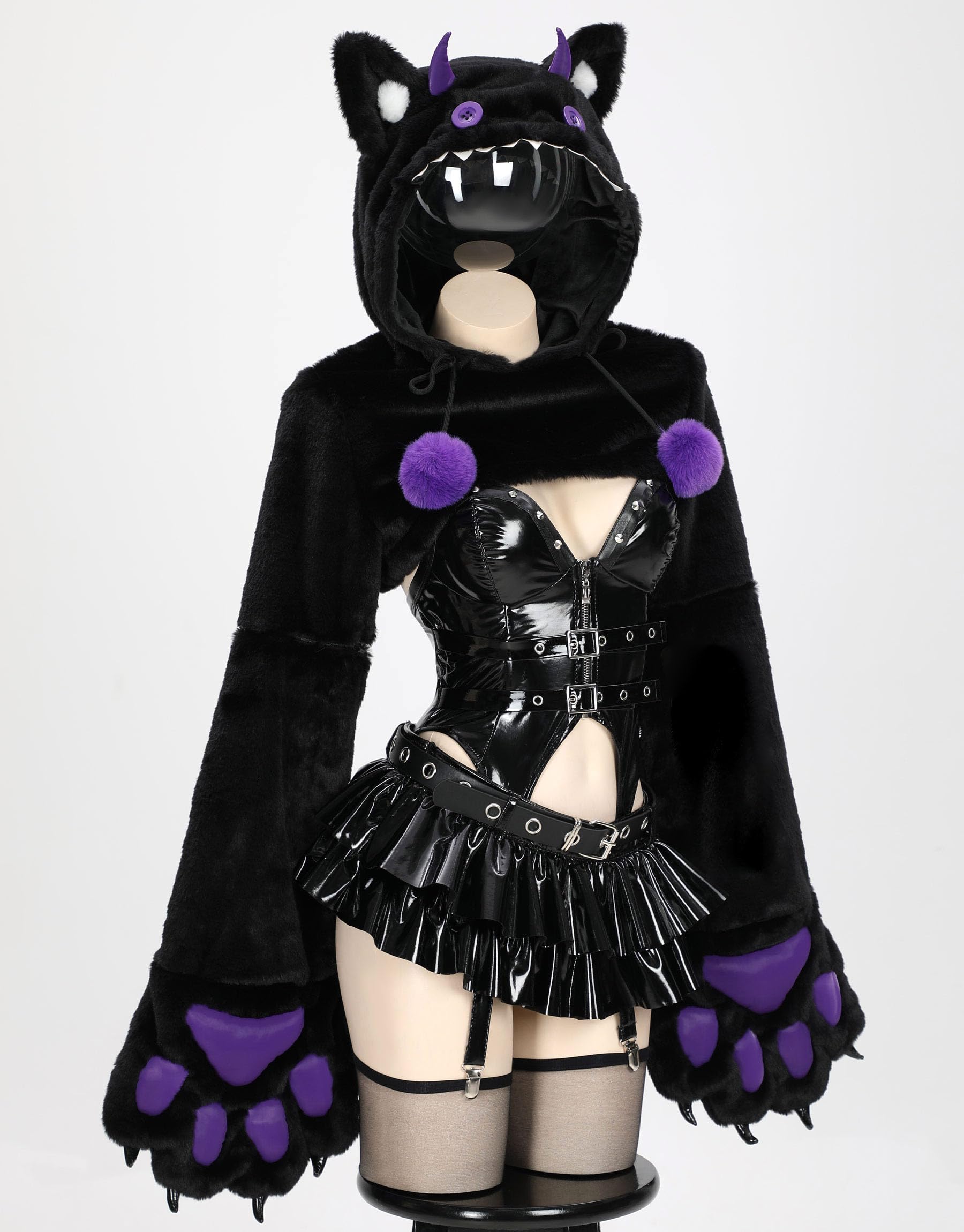 MEOWCOS Paw Hoodie Top Set Gothic PU Leather Corset Top and Mini Skirt with Thigh High Stocking