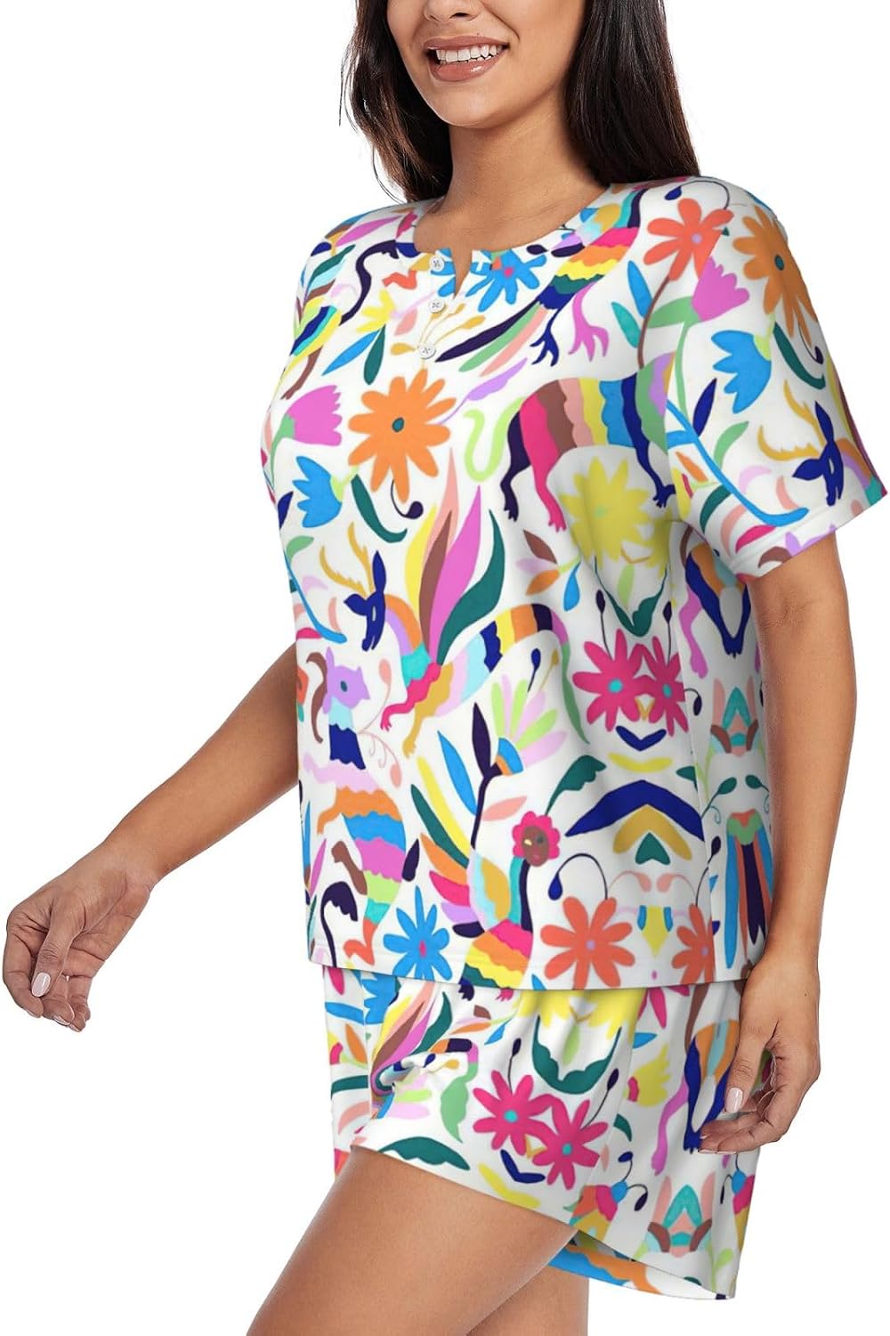 Mexican Otomi Animals Print Cute Short Sleeve Pajama Set For Women Casual Loungewear With Pockets Four Seasons