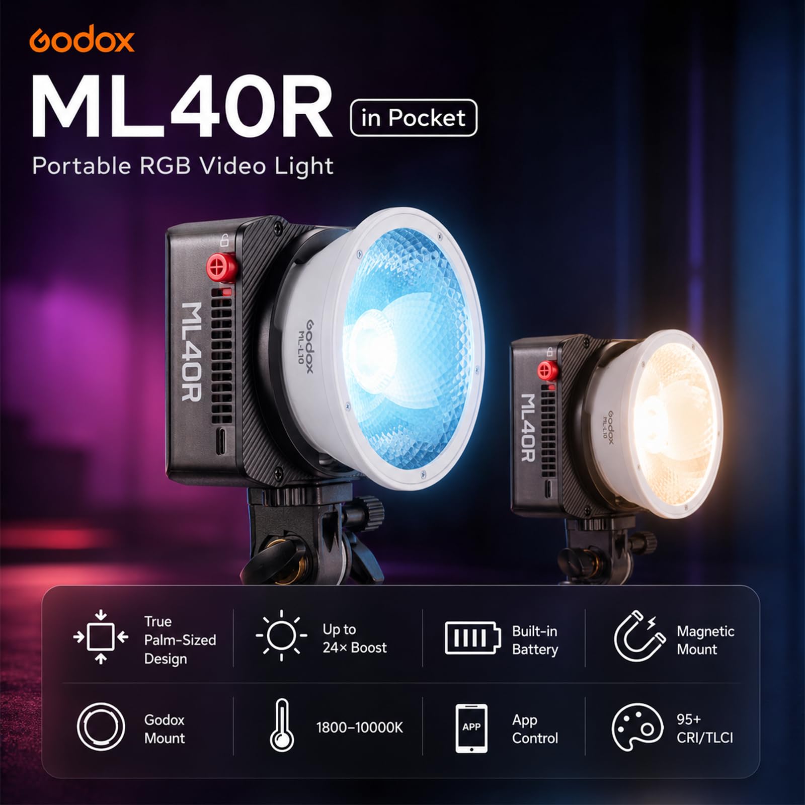 Godox ML40R Luce Video LED RGB, 12300Lux @1m con ML-L10, 1800K-10000K, HSI RGBW, CRI/TLCI 95, 14 Effetti FX, App NFC, Godox Mount, USB-C per Vlog Streaming