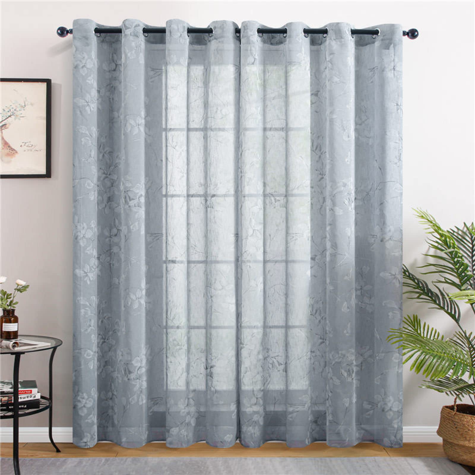 Cortinas opacas transparentes florales para sala de estar, con ojales, aspecto de lino, tela translúcida, decoración moderna del hogar, gris, 150 x 180 cm