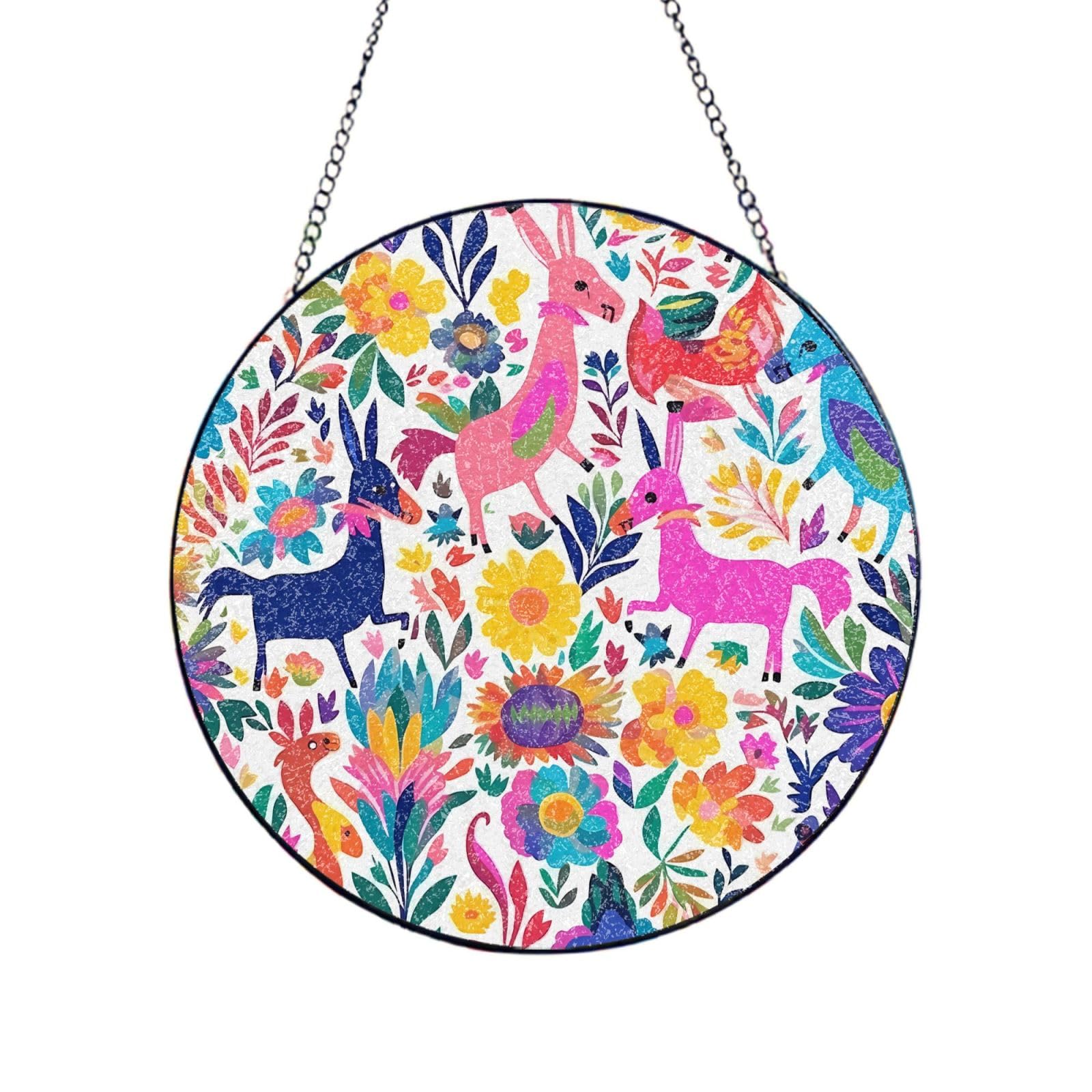 Fodpand Women's Transparent Stained Glass Window Hanging 6In（15Cm）, Mexican Otomi Animals Glass Suncatcher For Home Decor, Indoor Wall Art Glass Panel With Metal Chain And Hooks, Sun Catcher Ornament Birthday Gifts