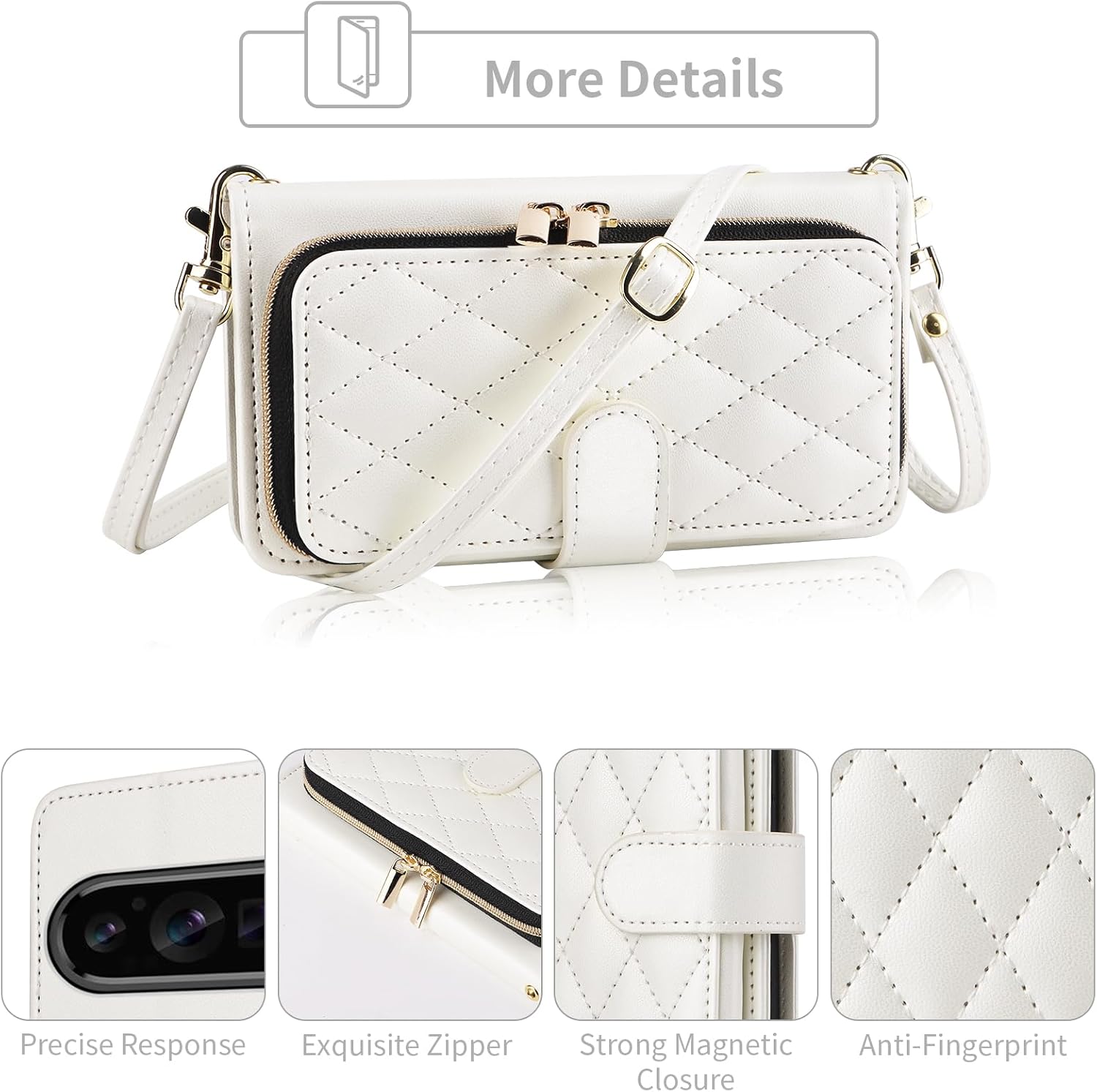 Argyle Wallet Case for Google Pixel 9/9 Pro/10/10 Pro 5G with Wrist/Shoulder Strap Card Slots Zipper Purse Luxury PU Leather Stand Phone Cover for Pixel9 9Pro/Pixel10 10Pro Nine Ten White
