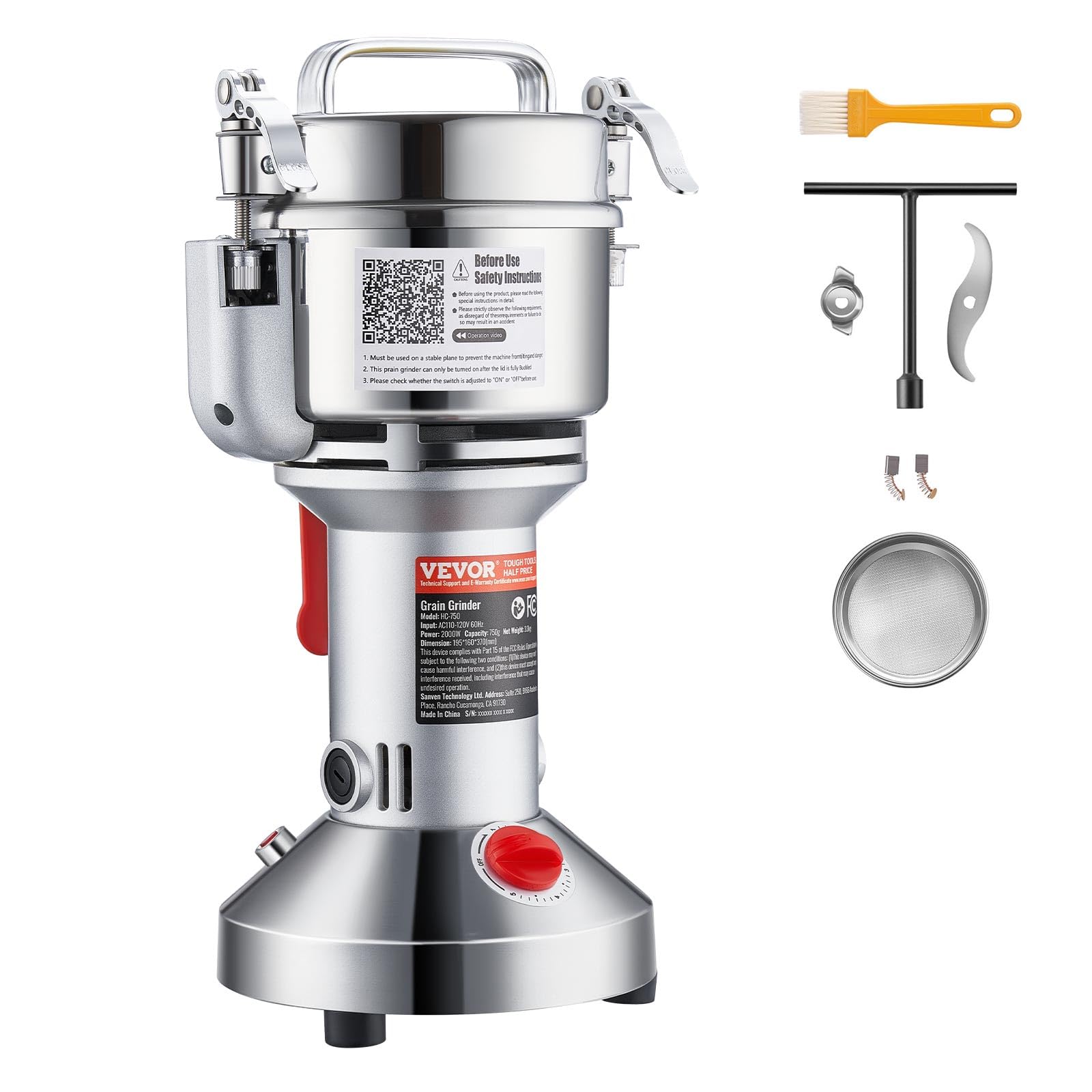 VEVOR Molinillo de Granos Eléctrico 1500 W Capacidad de 300 g Molinillo de Especias de Alta Velocidad con Pulverizador de Acero Inoxidable para Granos Secos Especias Cereales Café Maíz Pimienta