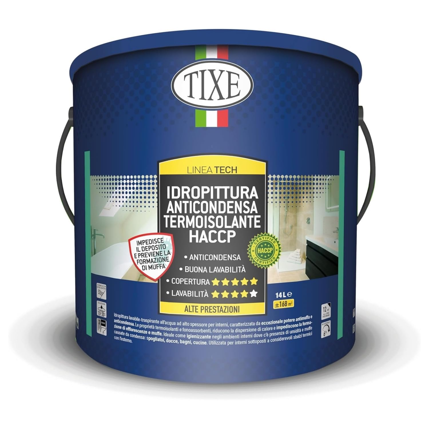 TIXE Idropittura Anticondensa Termoisolante | Certificata HACCP | 15 Lt | Pittura Bianca per Interni Antimuffa e Anticondensa, Termoisolante e Fonoassorbente | Alta Copertura | Lavabile