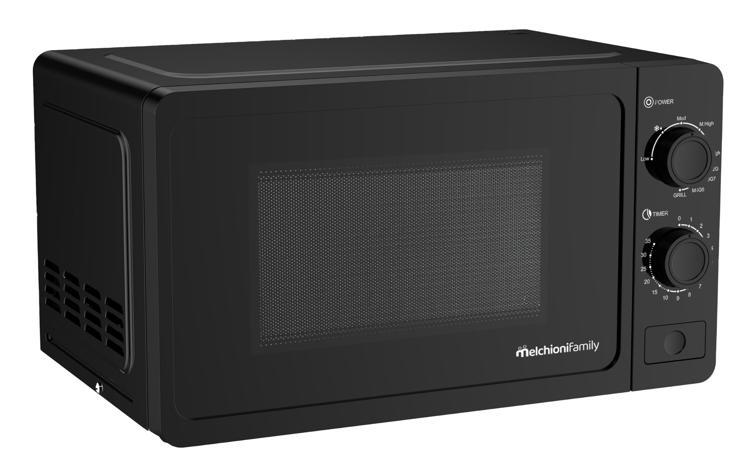 Melchioni Family Mikrofalówka 20 l z grillem - Fala - 800 W - Wymiary 46 x 32 x 26 cm - Timer 1–35 minut, szklany talerz i otwór z przyciskiem - czarna