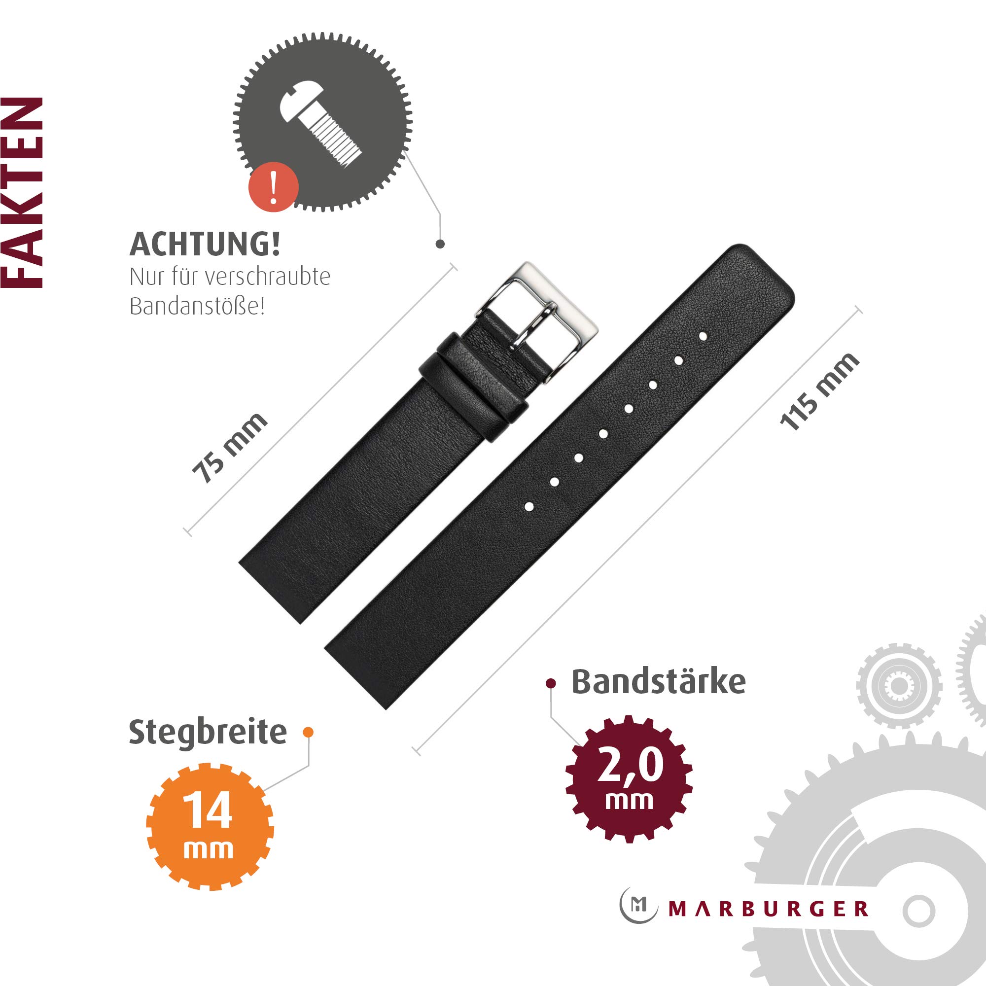 MARBURGER Uhrenarmband 14mm Leder Spezialanstoss Verschraubt - 76214