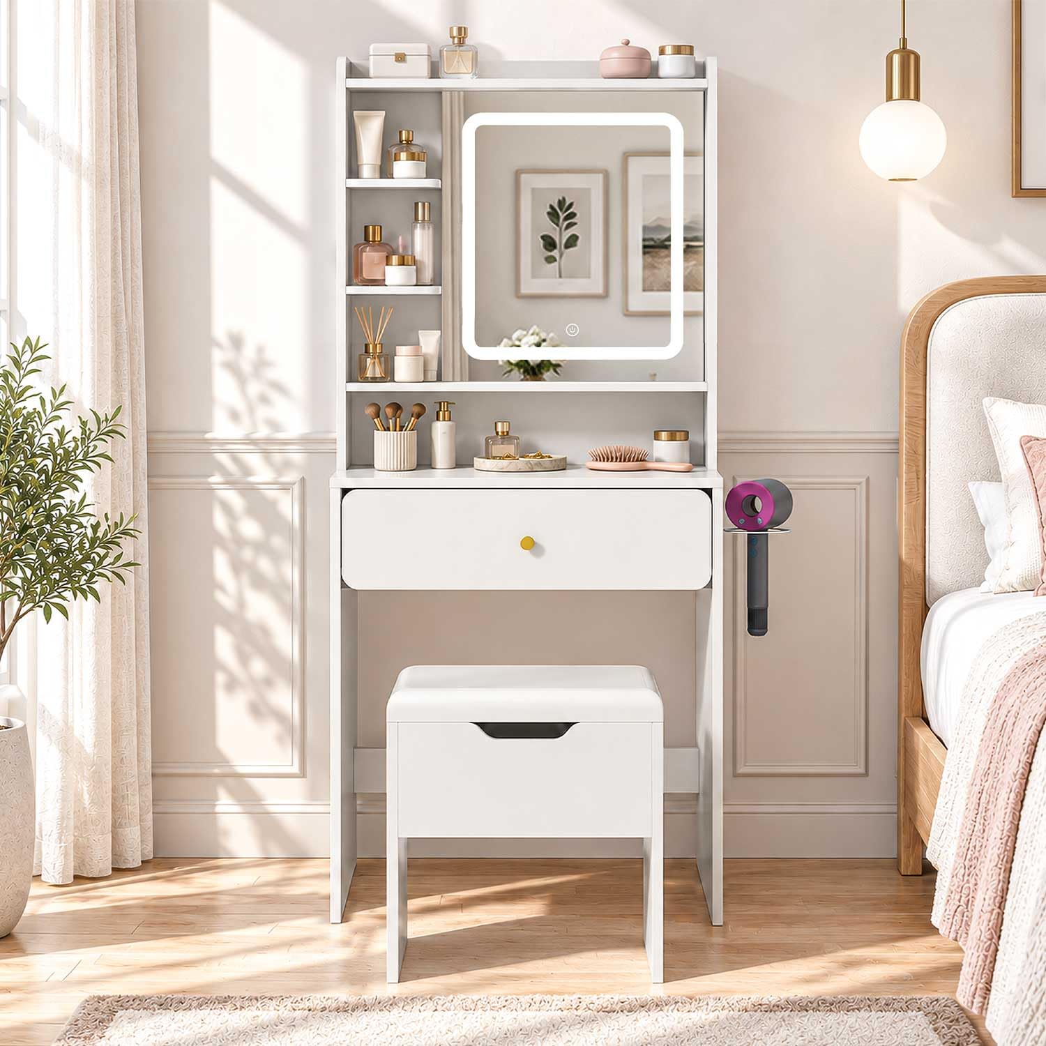 Dressing Table with Cushioned Stool, Vanity Table with LED Lighted Mirror