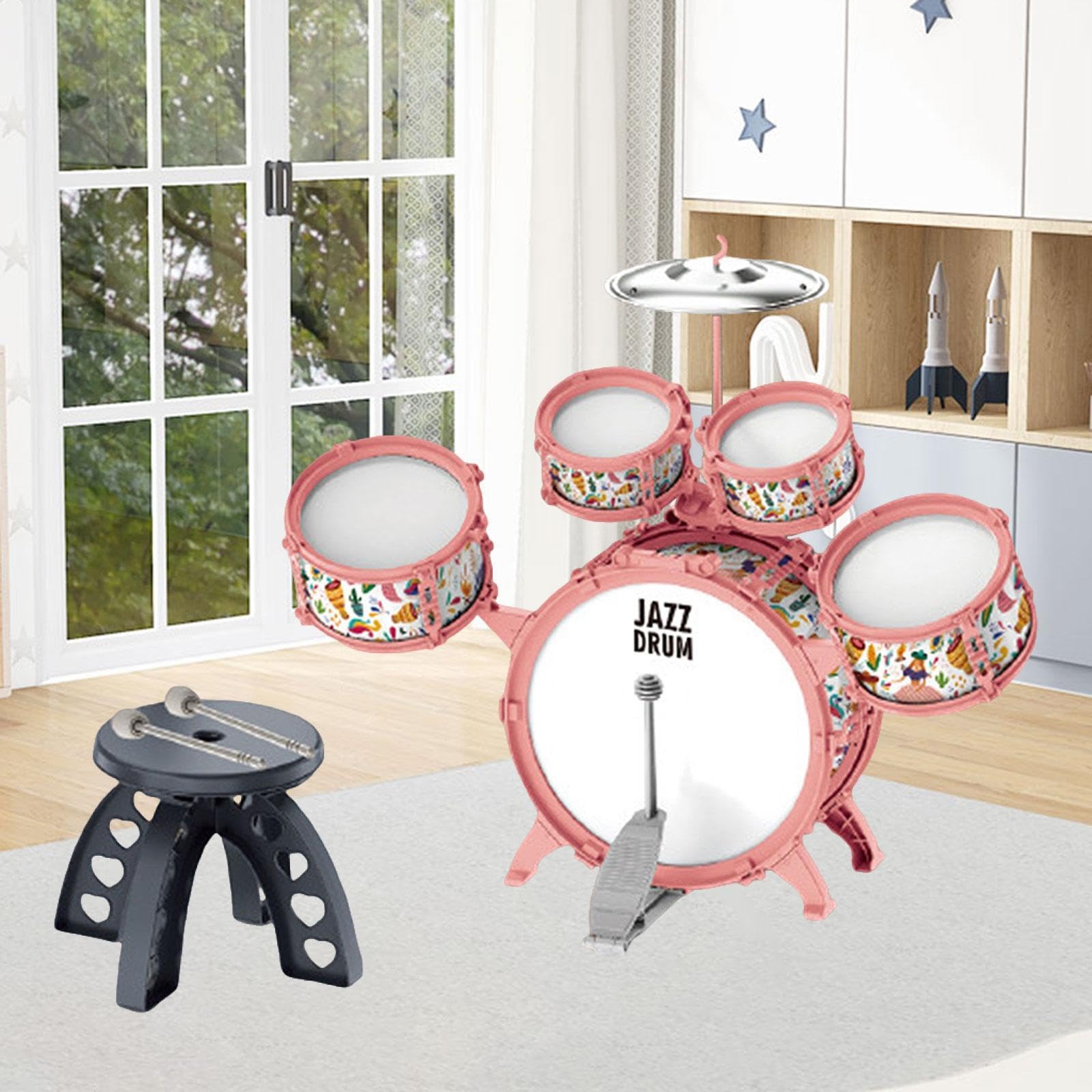 Batería Infantil Kit de Tambor para Niños Instrumento Musical Percusión Educativo PVC con Silla Estimula Adecuado para Fiestas Reuniones de, Rosa