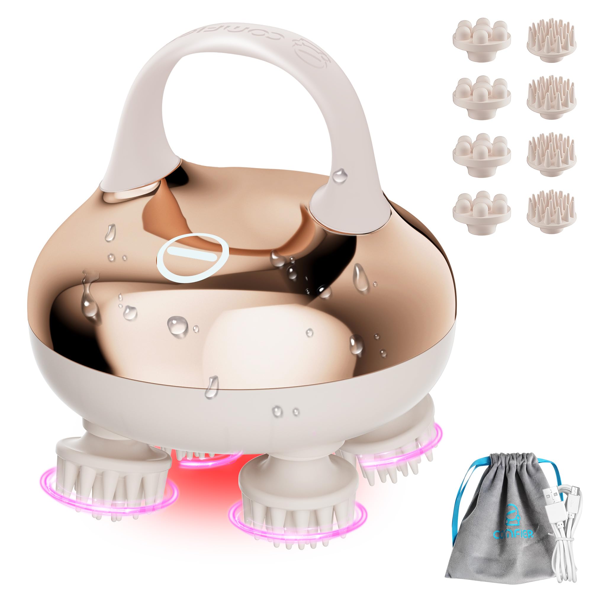 COMFIER Masajeador Cuero Cabelludo IPX7 Impermeable con 8 cabezales de masaje y 3 modos de masaje, masajeador corporal para aliviar el estrés (Dorado),regalo