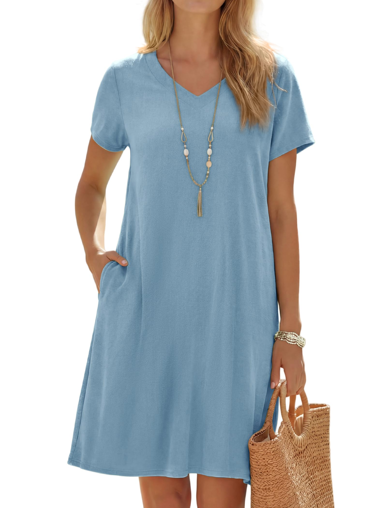 Enmain Vestido Lino Verano Mujer Manga Corta Cuello V Vestidos Mujer Casual Midi Playa con Bolsillos hasta la Rodilla sin Accesorios