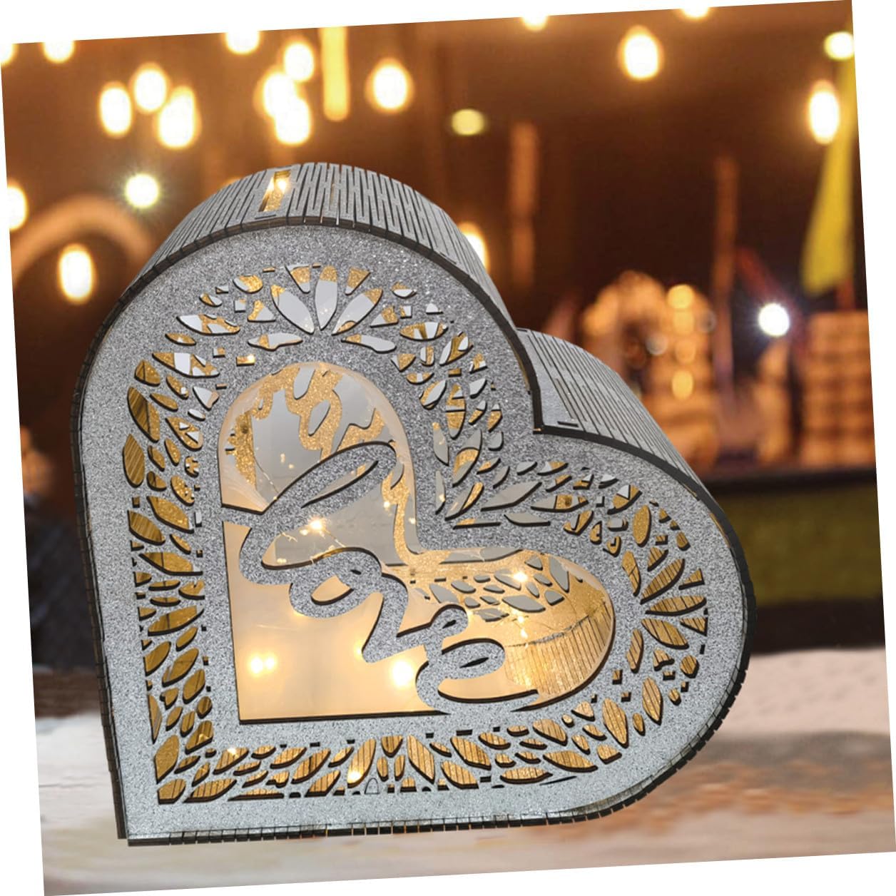 Wooden Heart-shaped Card Box with Glitter, Hollow out Wedding Reception Storage Box, Envelope and Greeting Card Holder for Birthday and Anniversary Events