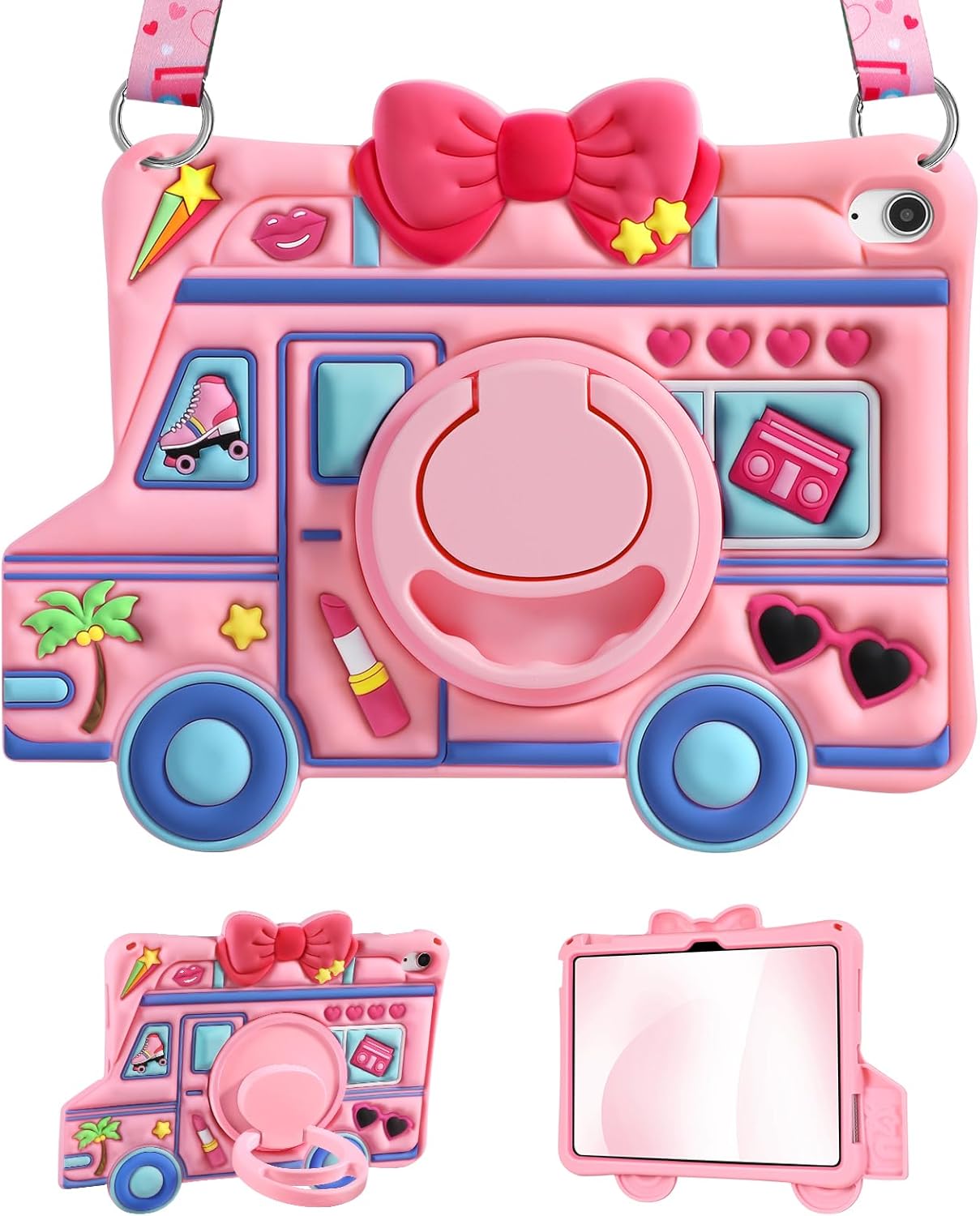 for iPad 10th Generation Case 10.9 Inch 2022, for iPad A16 Case 11th Generation - for Girls Cute Girly Kawaii 3D Cartoon Design with Rotating Stand & Strap Silicone Cover for Apple 10th/11th